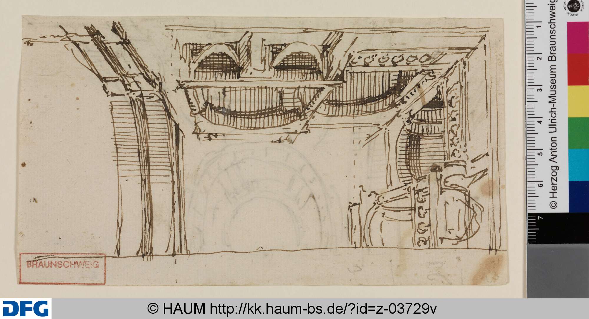Entwurfsskizze zu einem rechteckigen Deckengemälde: Teilentwurf einer Scheinarchitektur mit Arkadenbögen und nach oben offenem Deckenspiegel, Johann Oswald Harms, 1686–1693
