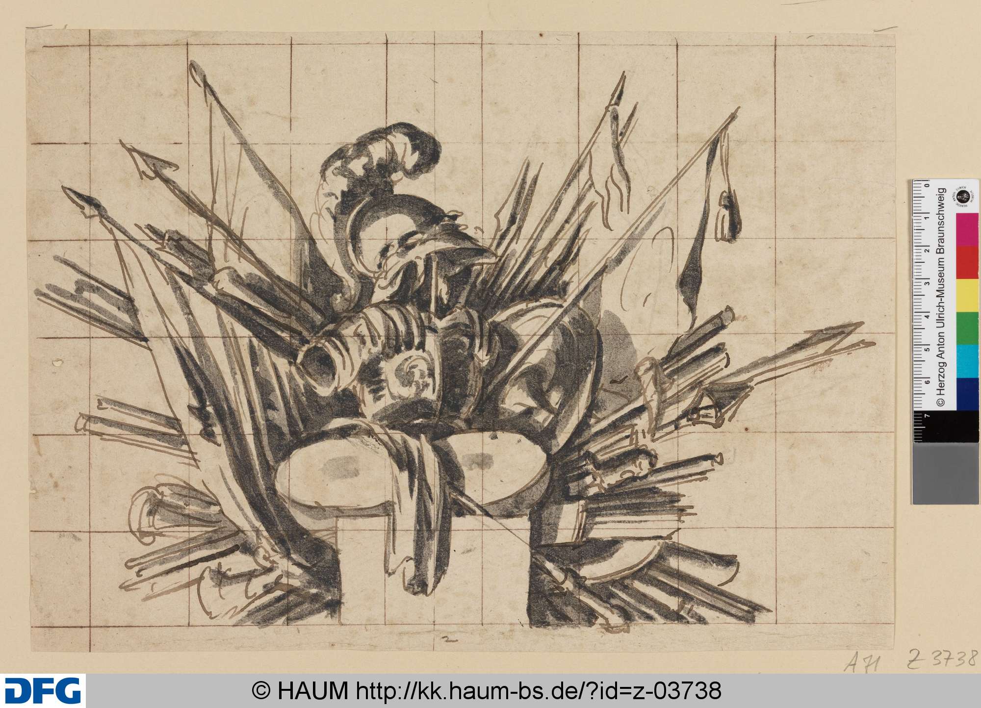 Entwurf für eine Trophäe: Waffen, Rüstung, Speere und Fahnen, Johann Oswald Harms, 1665–1708