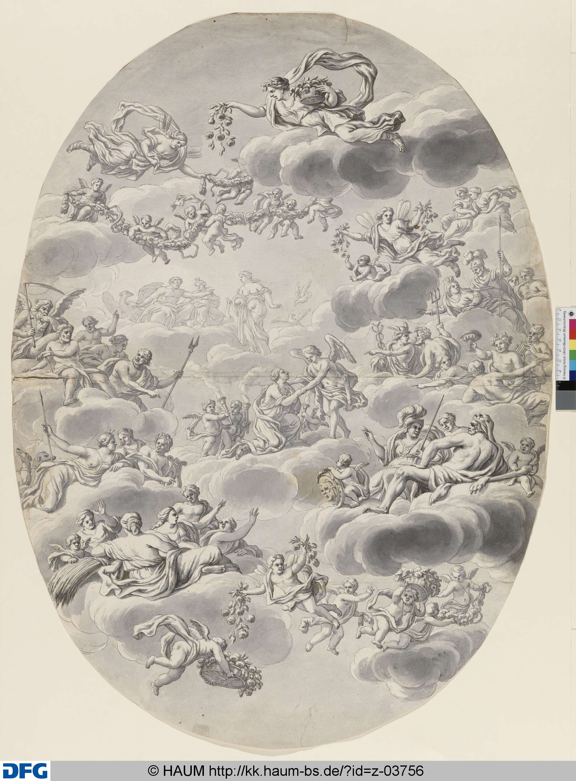 Entwurf für ein Deckenbild: Amor und Psyche umgeben von olympischen Göttern auf Wolken, Johann Oswald Harms, 1665–1708