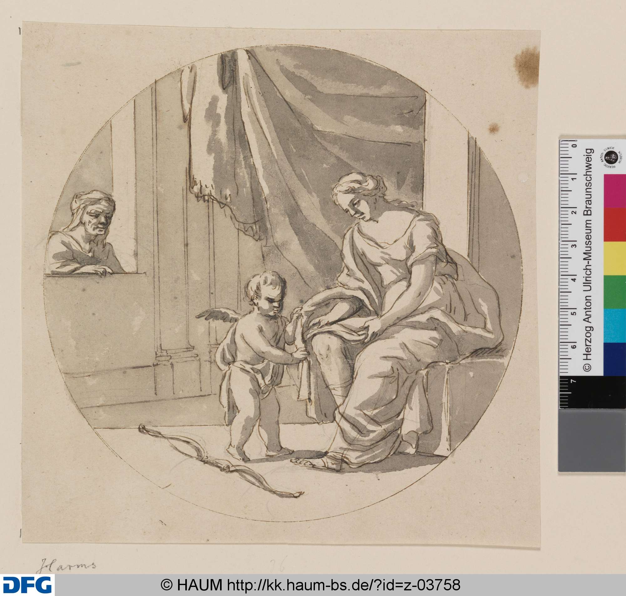 Amor betrachtet die Pfeilwunde am Knie einer Frau, Johann Oswald Harms, 1665–1708