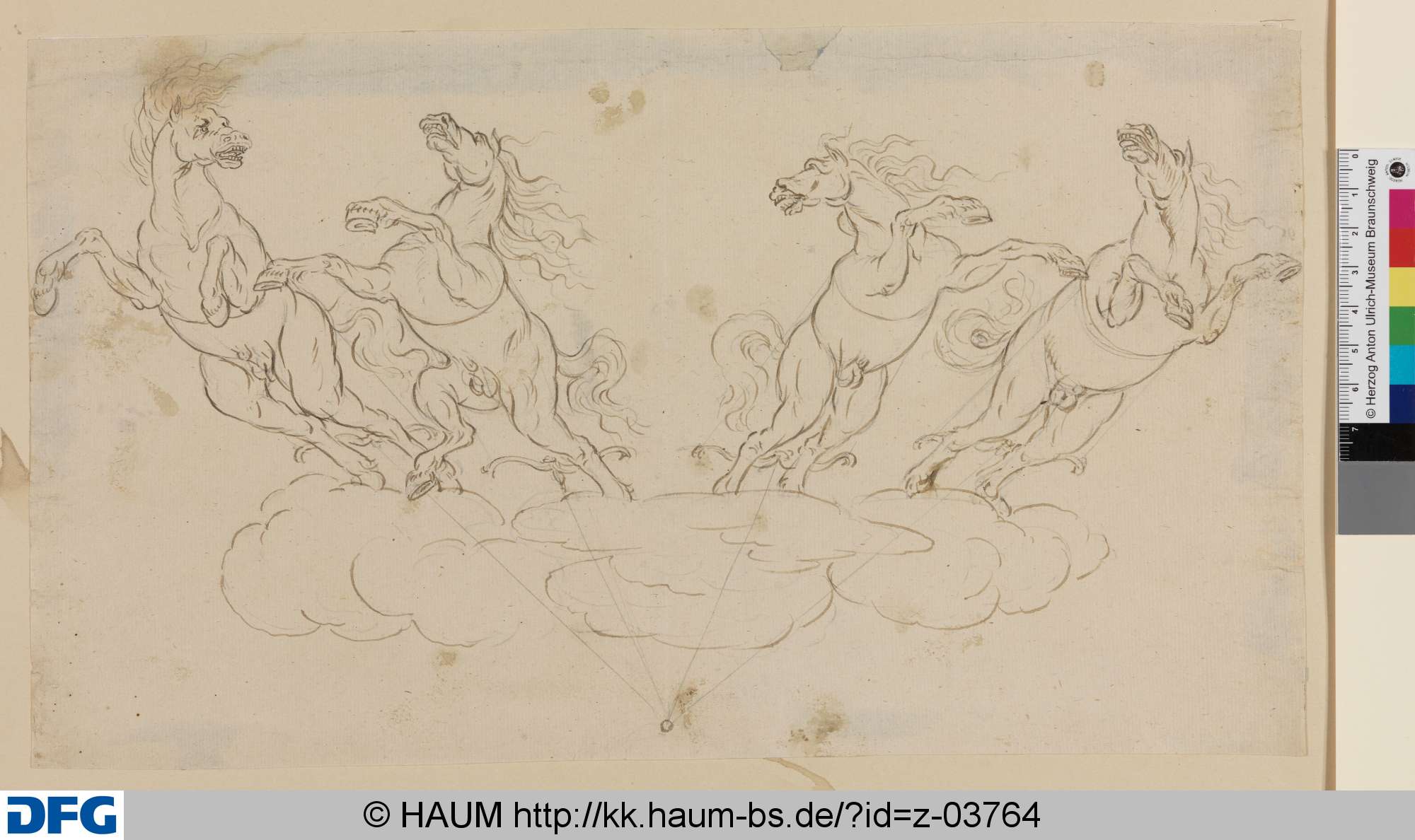 Studie eines Gespanns von vier heranstürmenden Pferden, Johann Oswald Harms, 1665–1708