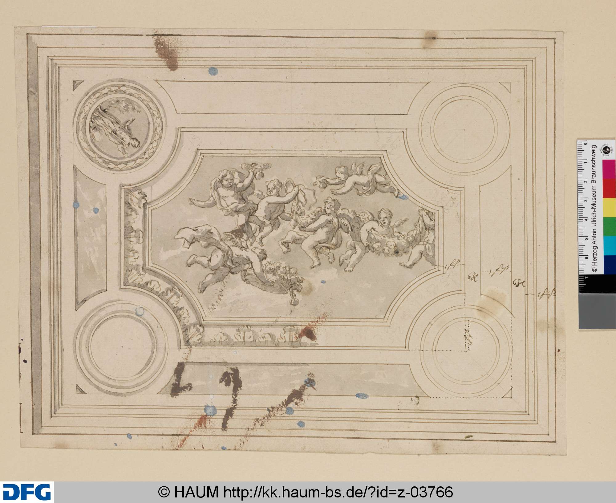 Entwurf für eine rechteckige Decke mit einer Rahmung aus Medaillons und Rechteckfeldern, im Spiegel eine Girlande und einen Fruchtkorb tragende Putten, Johann Oswald Harms, 1665–1708