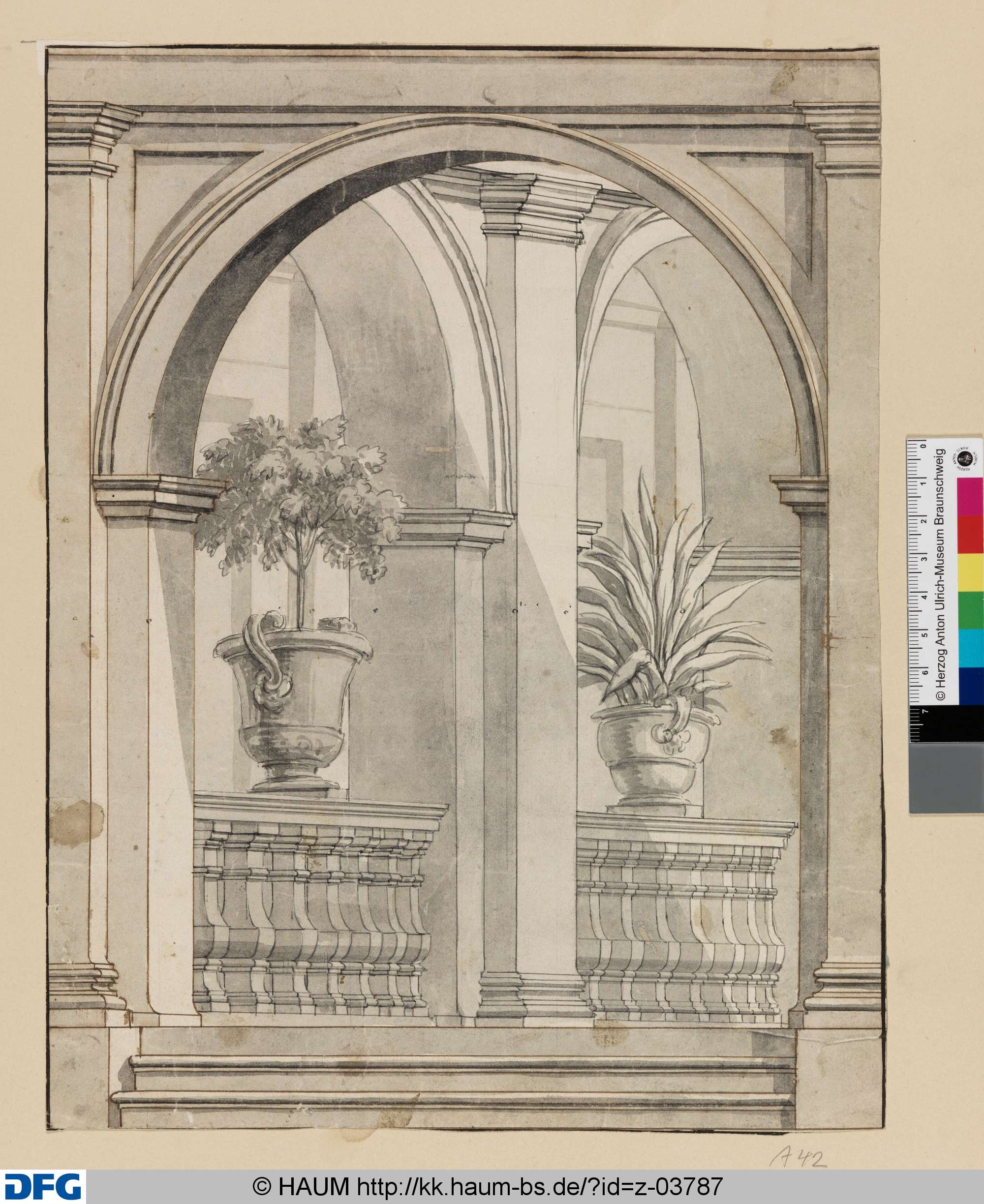 Kassel: Entwurf für eine Wanddekoration: Blick durch einen Architekturrahmen auf Arkaden mit bepflanzten Vasen, Johann Oswald Harms, 1704–1707