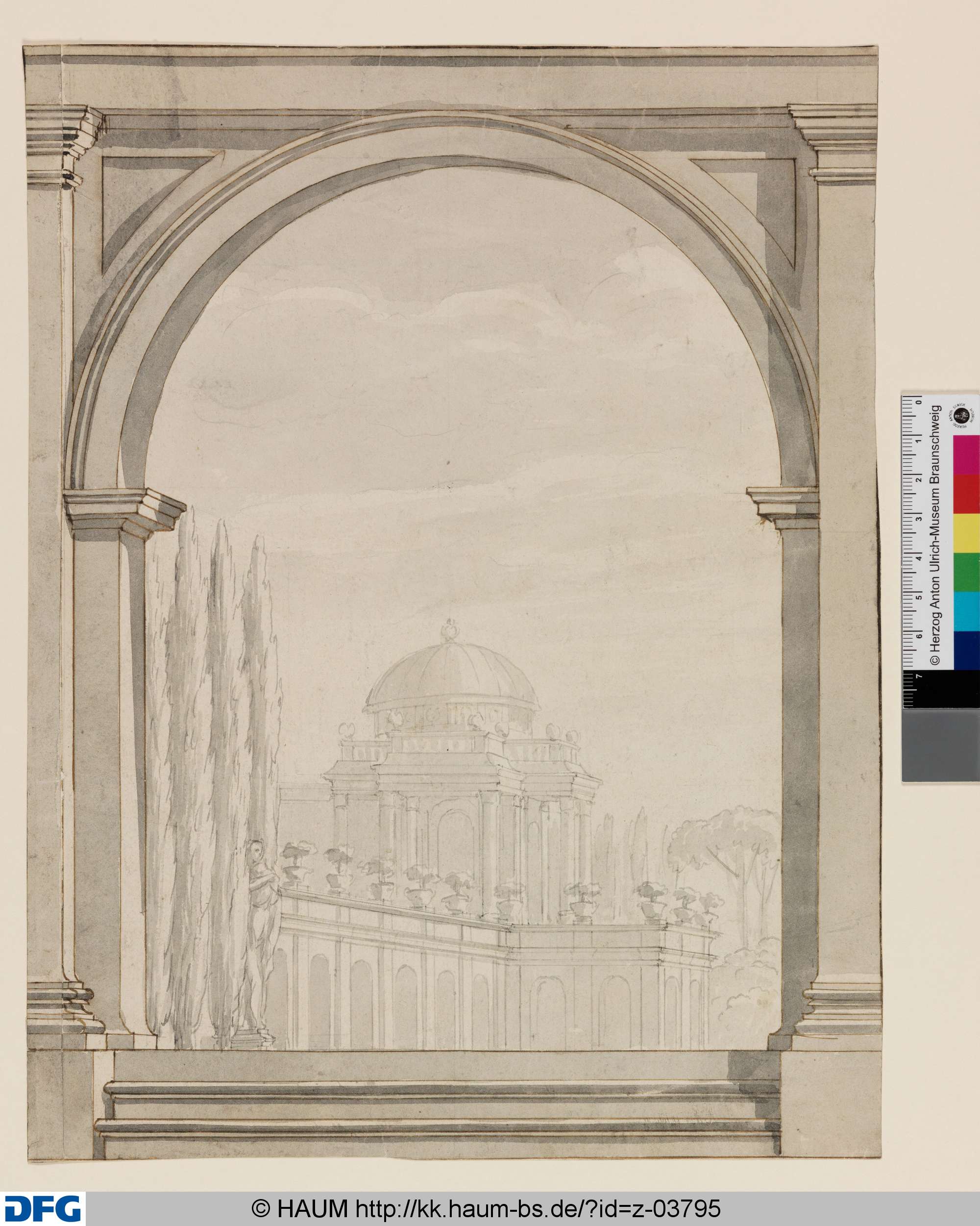 Kassel: Entwurf für eine Wanddekoration: Blick durch einen Architekturrahmen auf die Orangerie, Johann Oswald Harms, 1704–1707