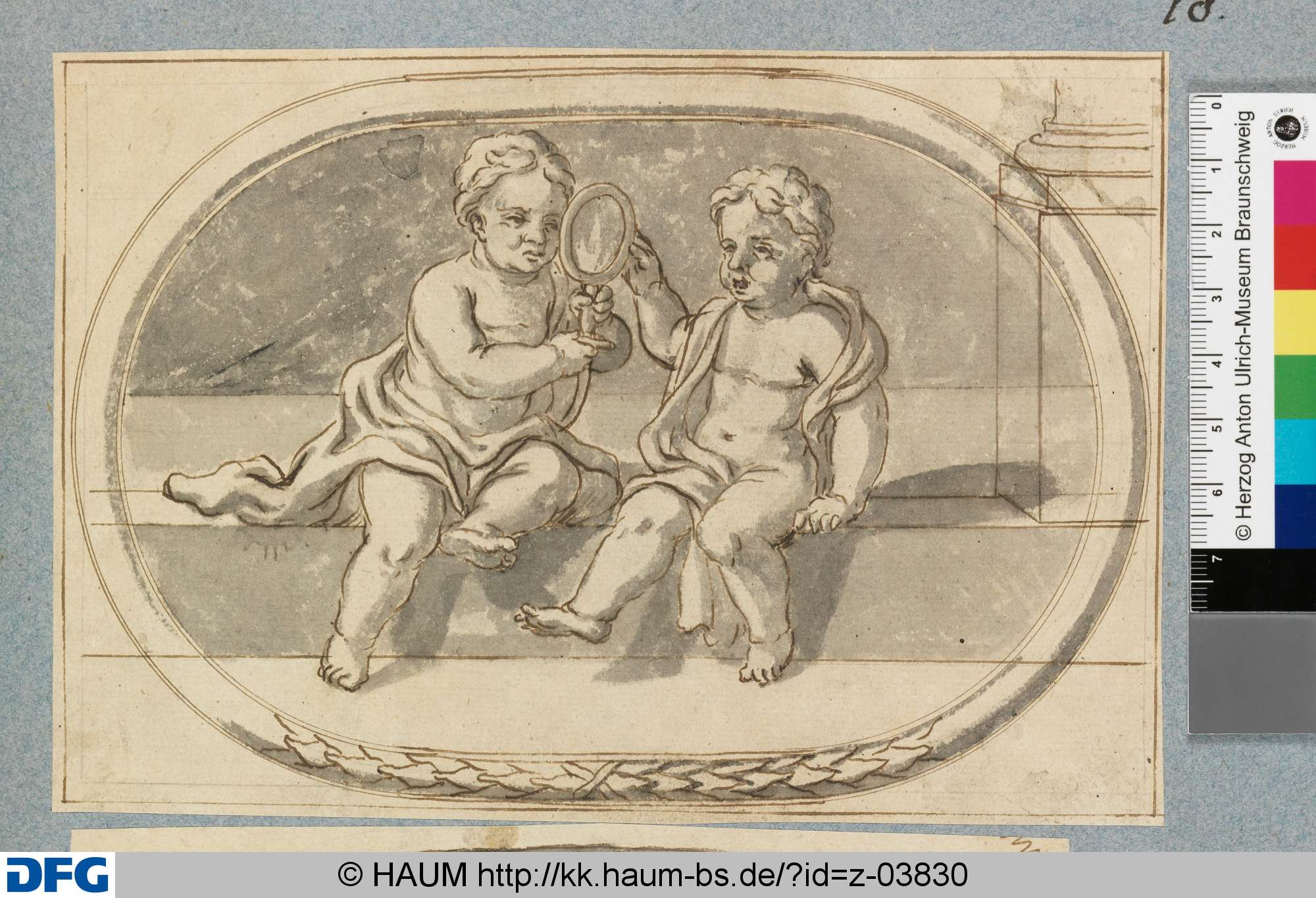 Zwei sitzende Putten mit einem Spiegel, Johann Oswald Harms, 1680–1708