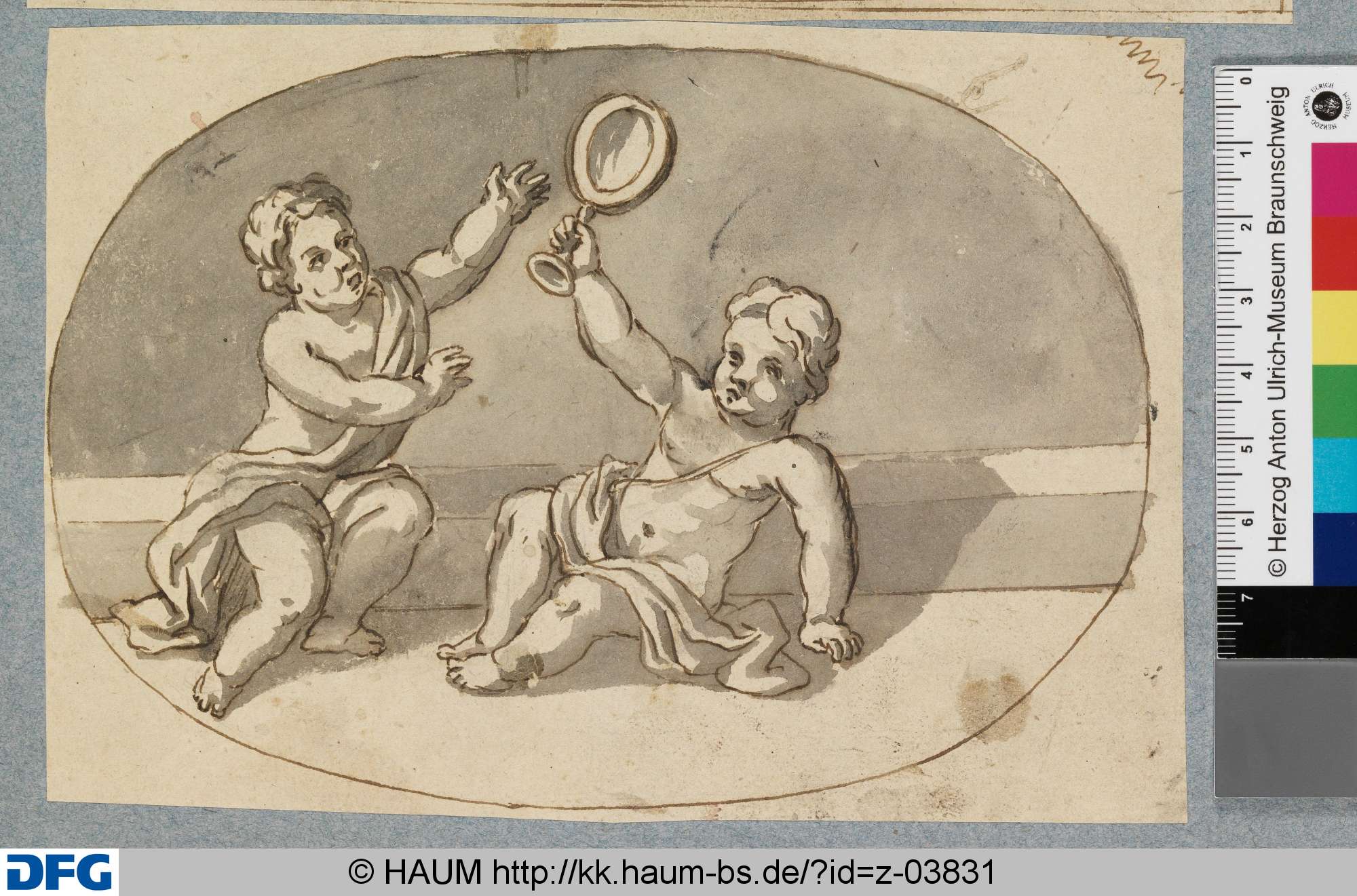 Zwei sitzende Putten streiten um einen Spiegel, Johann Oswald Harms, 1680–1708