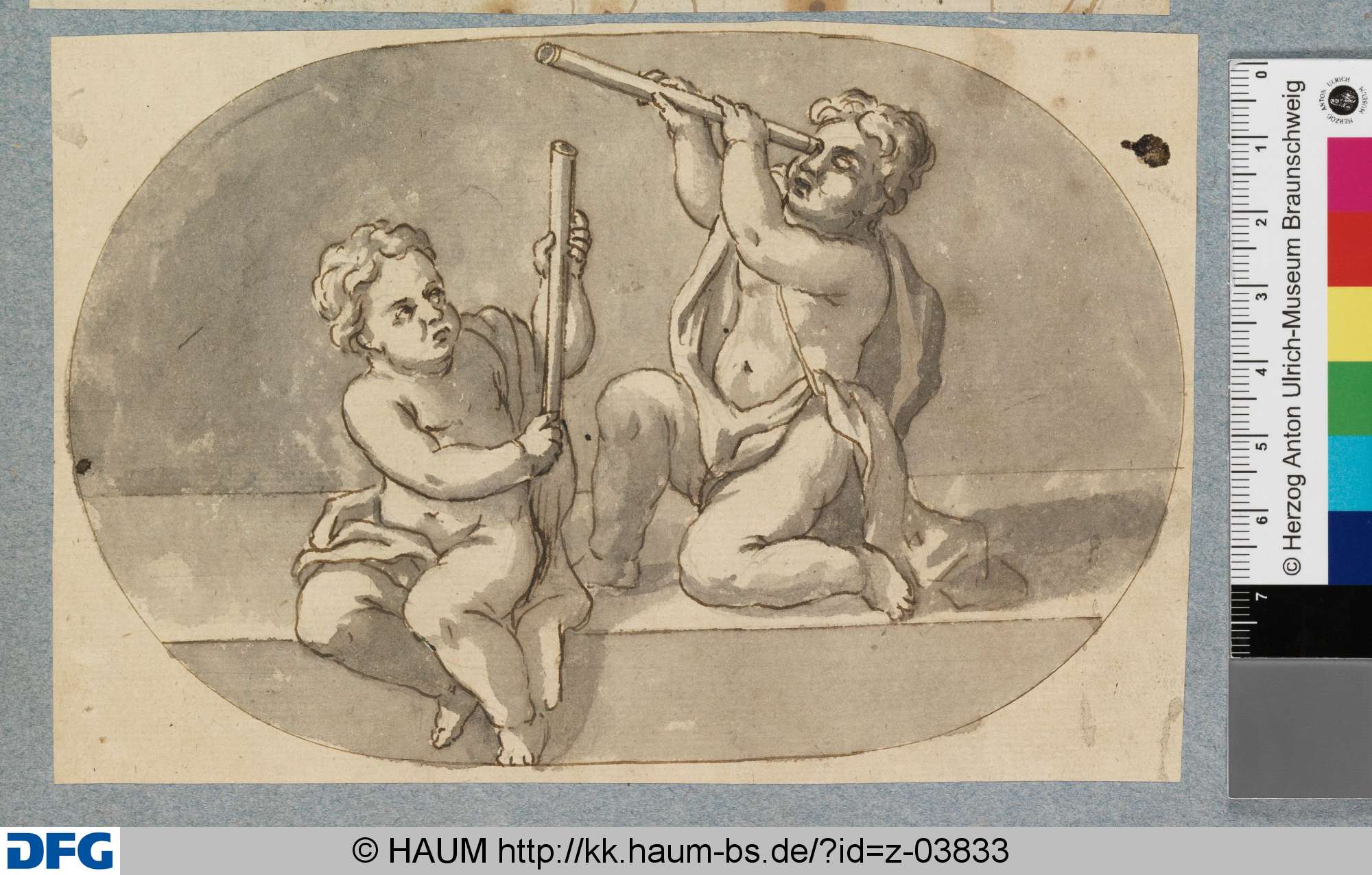 Zwei sitzende Putten mit Teleskopen, Johann Oswald Harms, 1680–1708