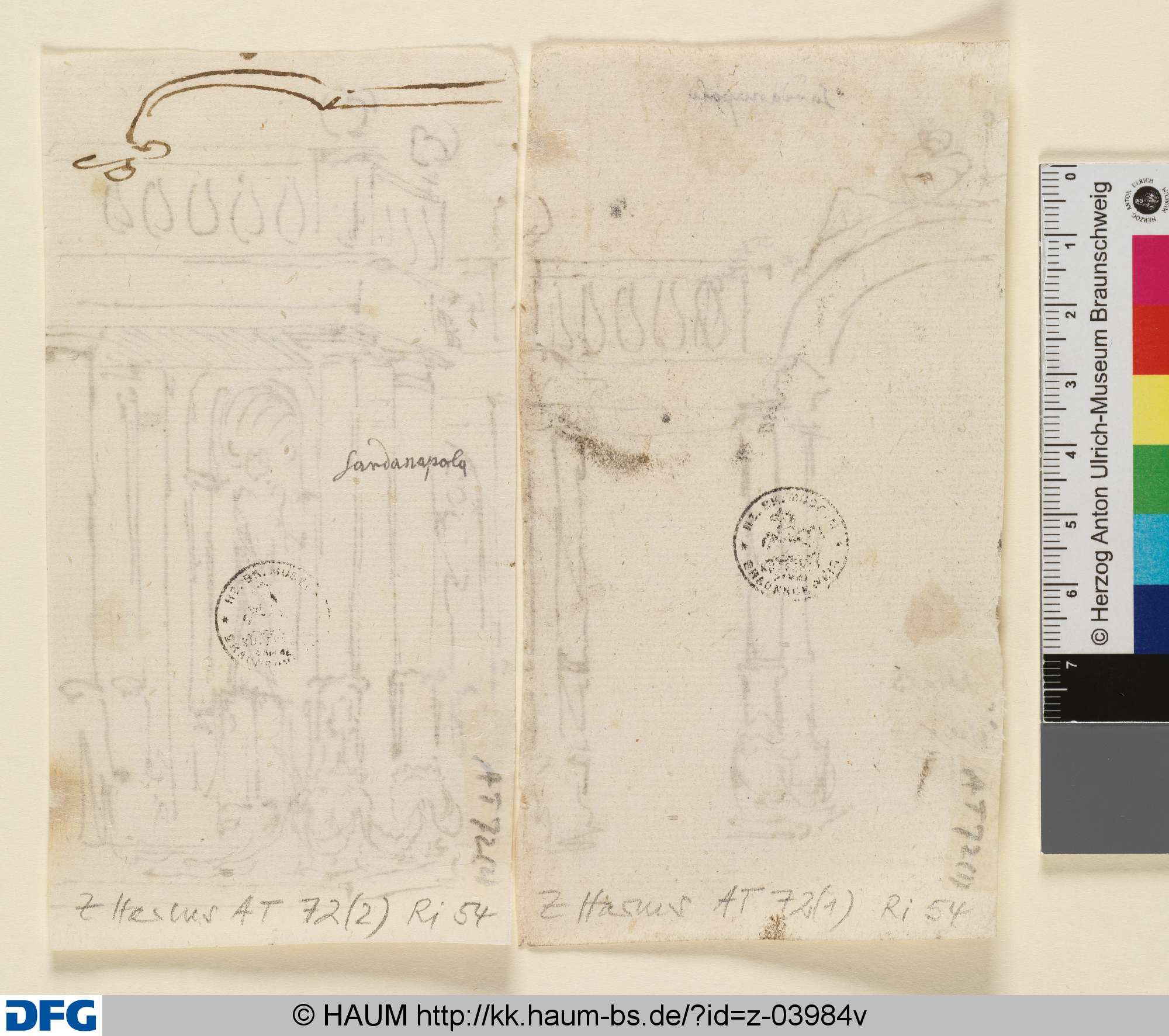 Skizze eines Proszeniumsbogens, Graphit und Feder in Braun, Johann Oswald Harms, 1691