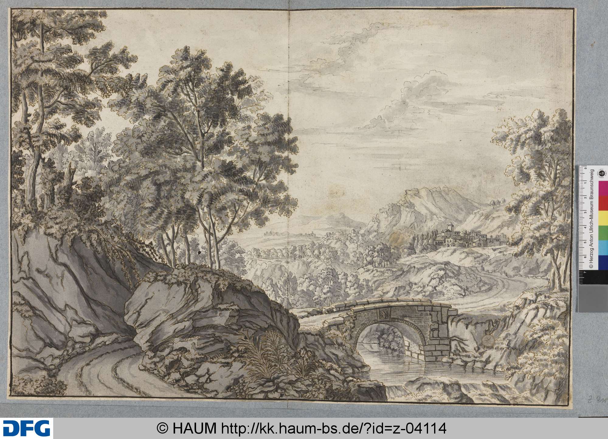 Landschaft mit gewundenem Weg über eine steinerne Brücke zu einem Dorf, Johann Oswald Harms, 1665–1708