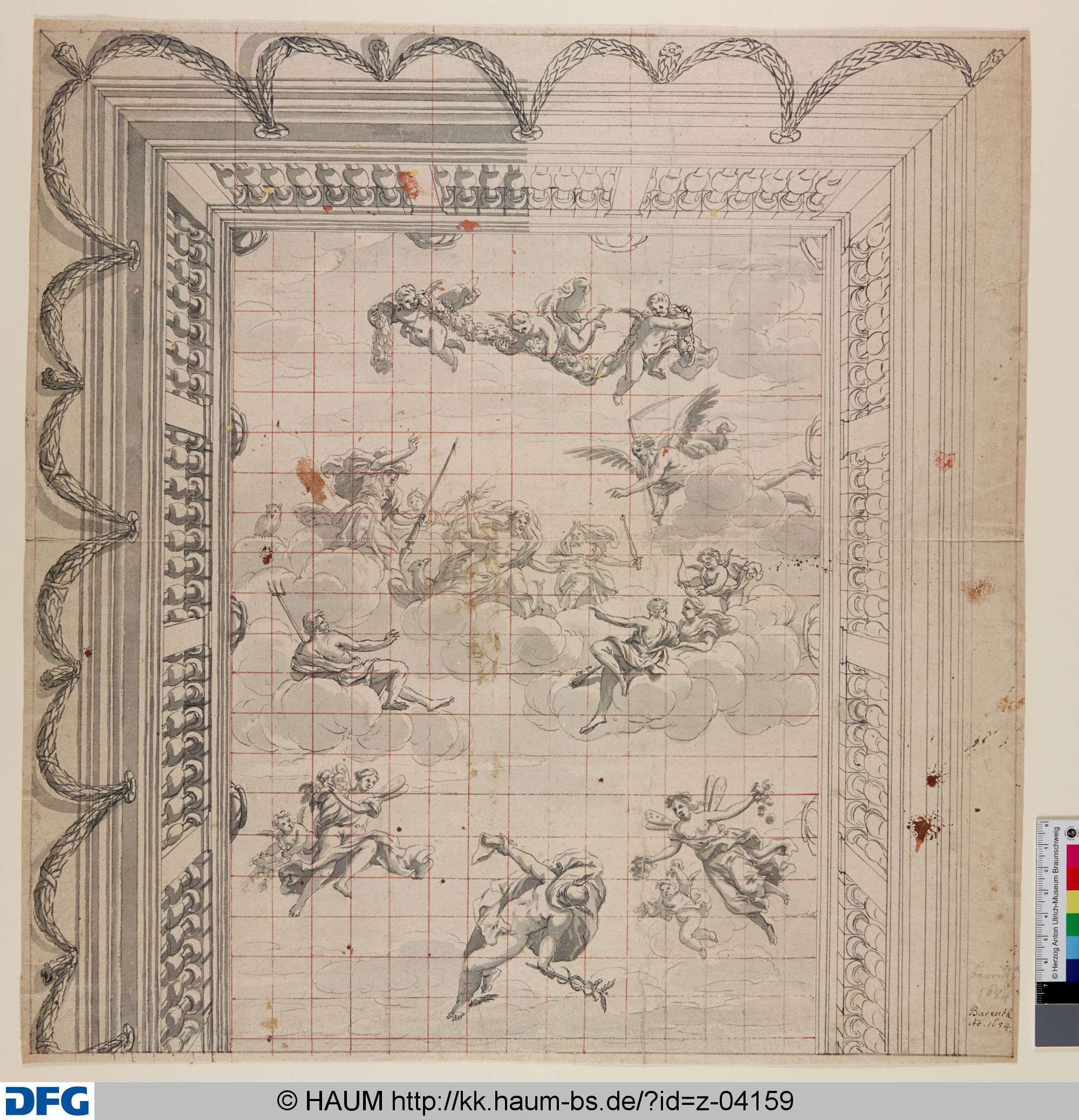 Entwurf eines Deckengemäldes: Jupiter und Juno im Kreis anderer Götter auf Wolken, Johann Oswald Harms, 1687