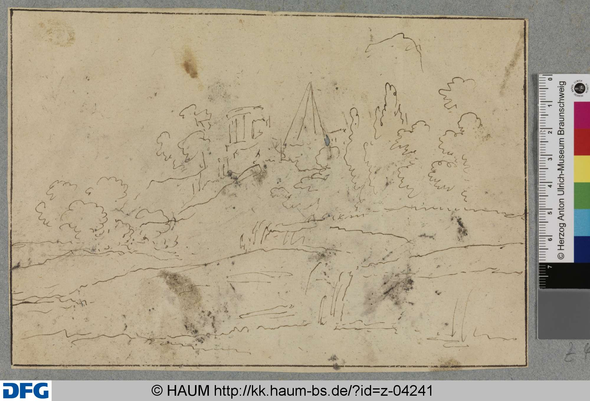 Skizze einer Landschaft mit Rundtempel und Pyramide, Johann Oswald Harms, 1665–1674