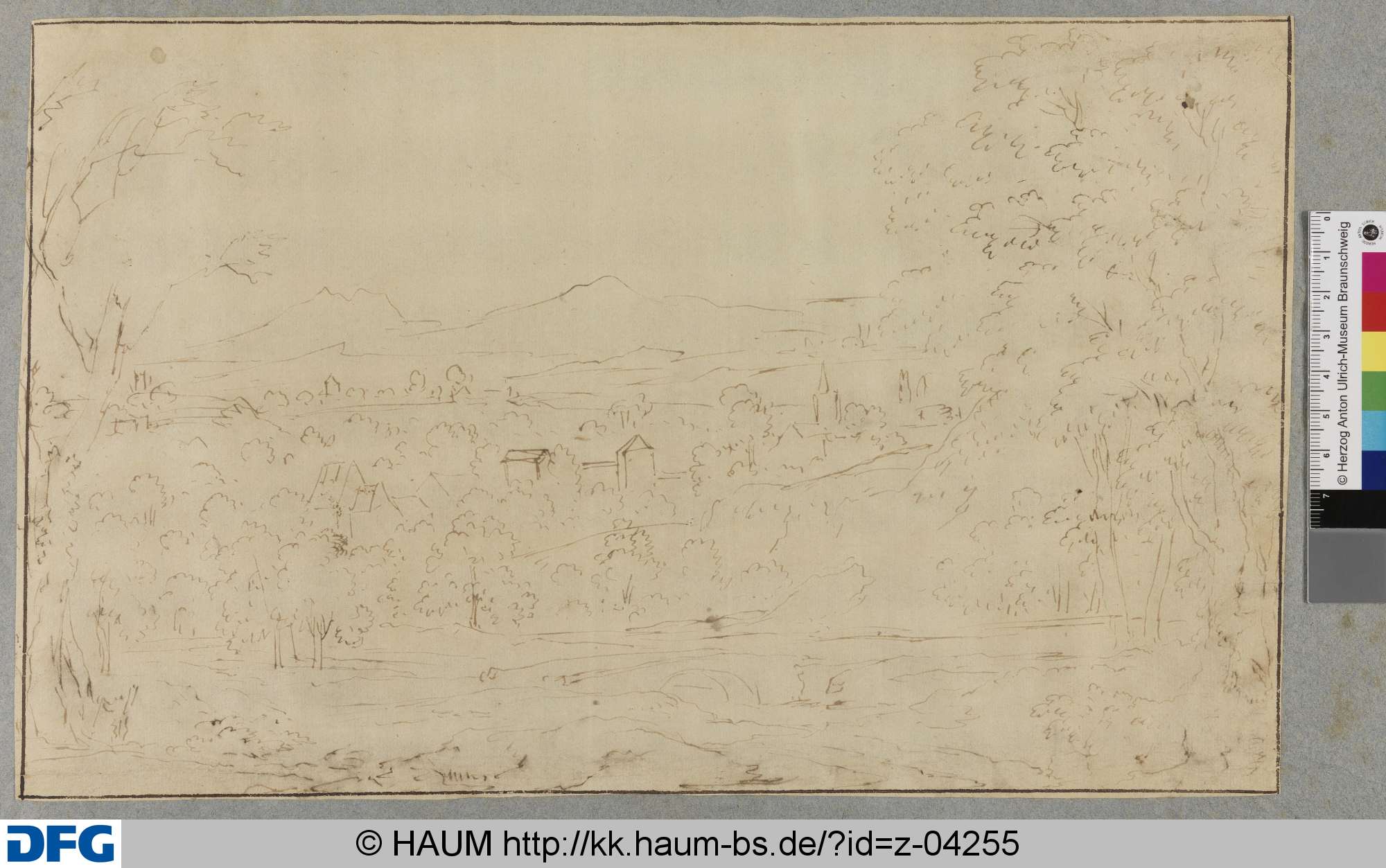 Skizze einer Landschaft mit Dorf an einem breiten Fluss, Johann Oswald Harms, 1665–1708