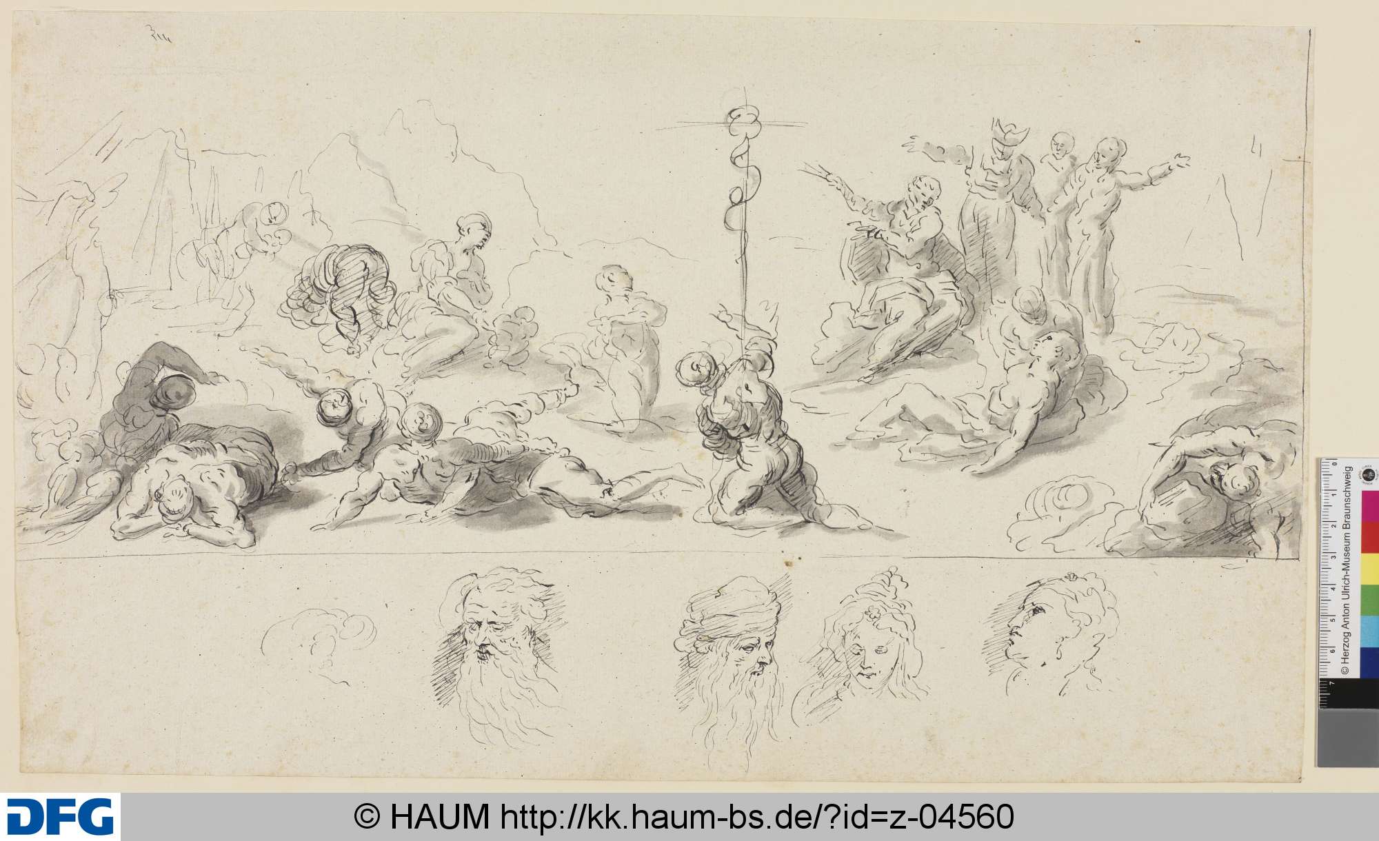 Die Anbetung der Ehernen Schlange; Kopfstudien eines bärtigen Alten und einer jungen Frau in Frontal- und Dreiviertelansicht, 17th century