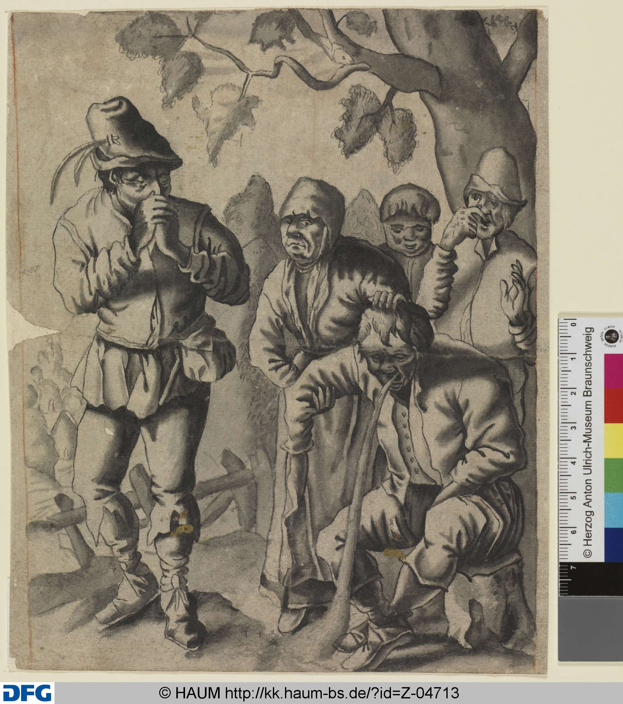 Speiender Bauer, der von anderen bemitleidet wird, Adriaen Brouwer, 17th century