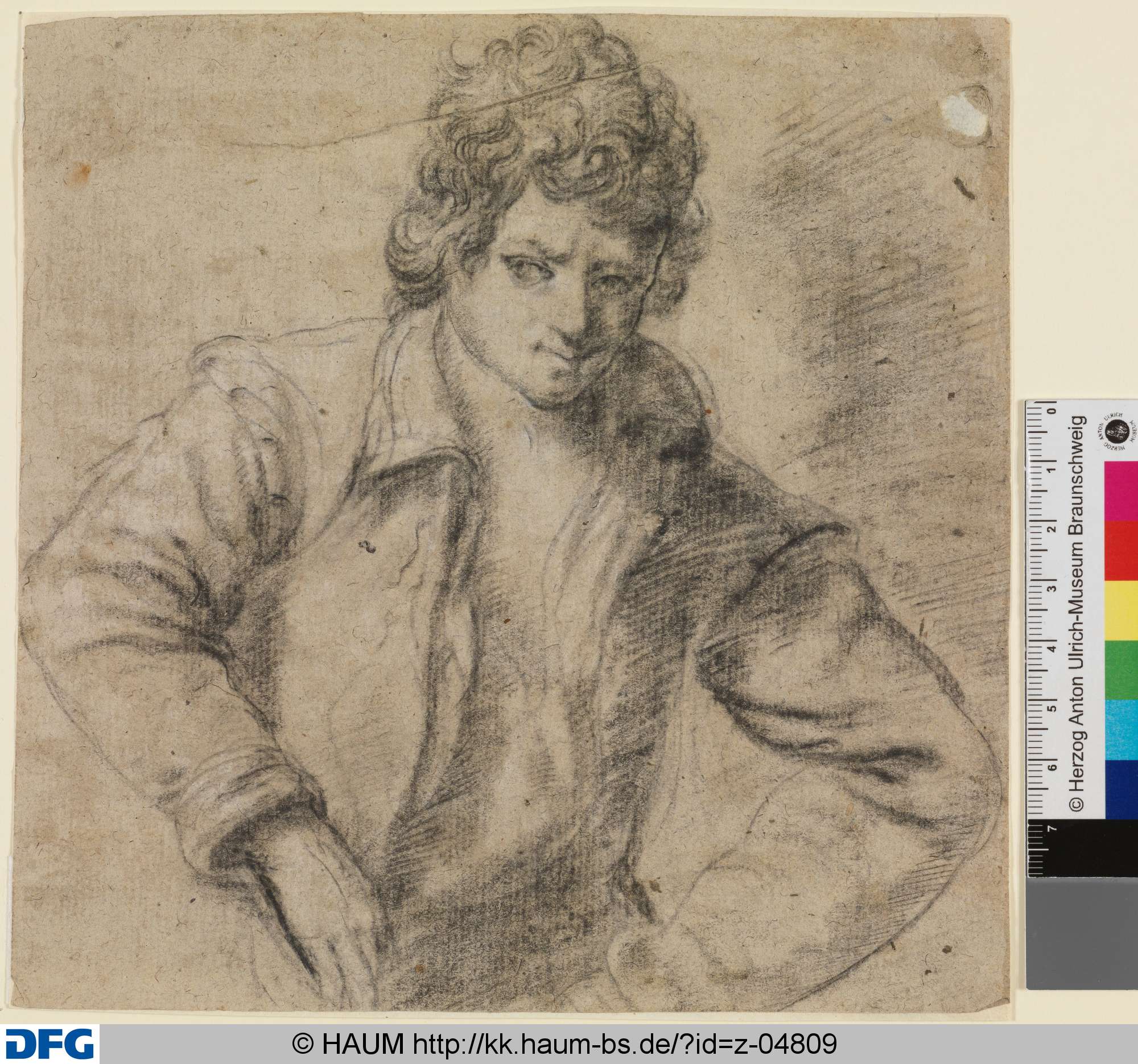 Halbfigur eines Mannes mit Locken und offenem Kragen