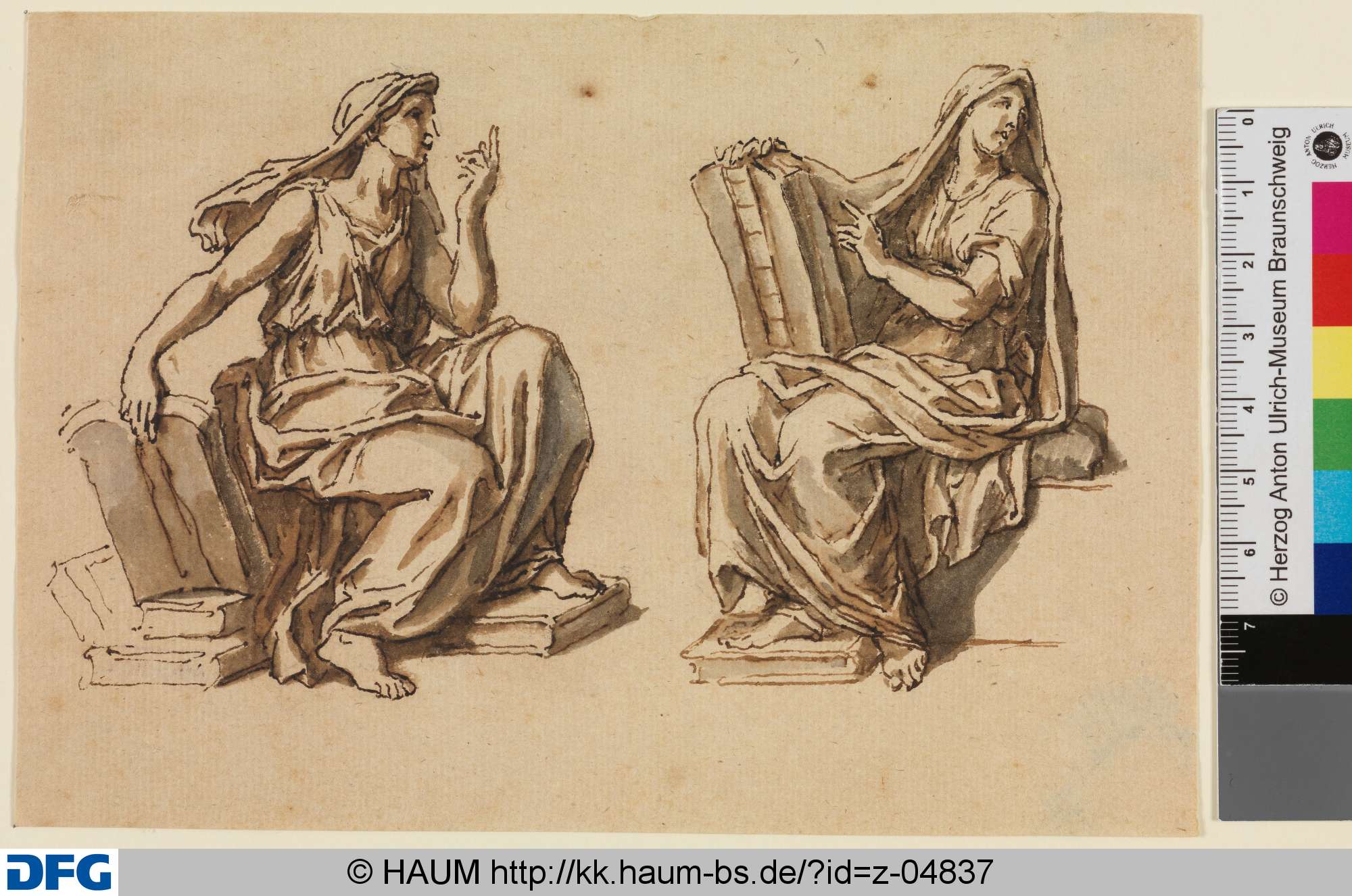 Zwei sitzende Frauenfiguren mit Büchern, Nicolas Poussin