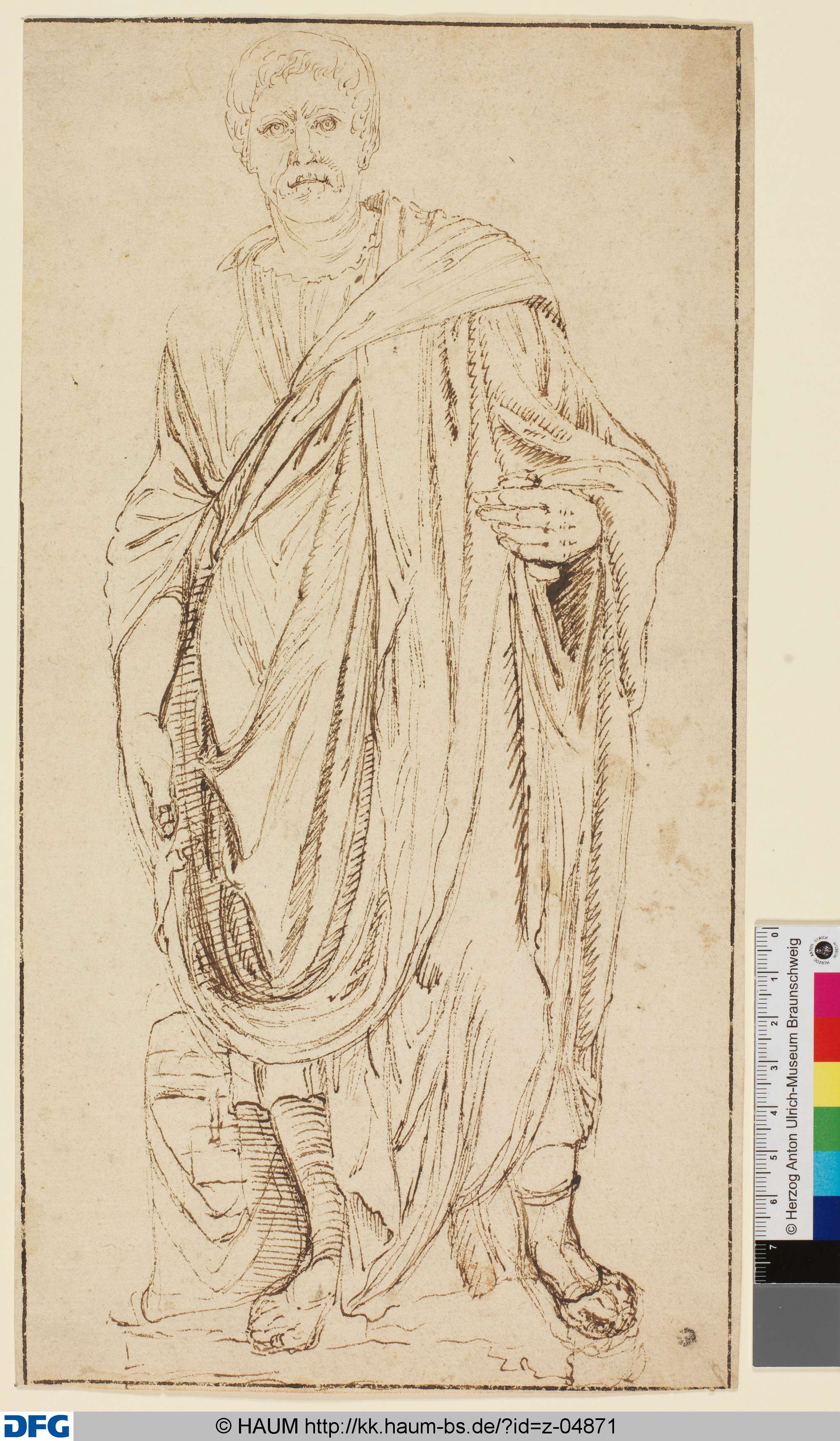 Ganzfigurenstudie eines Mannes mit Geldsack in der Hand
