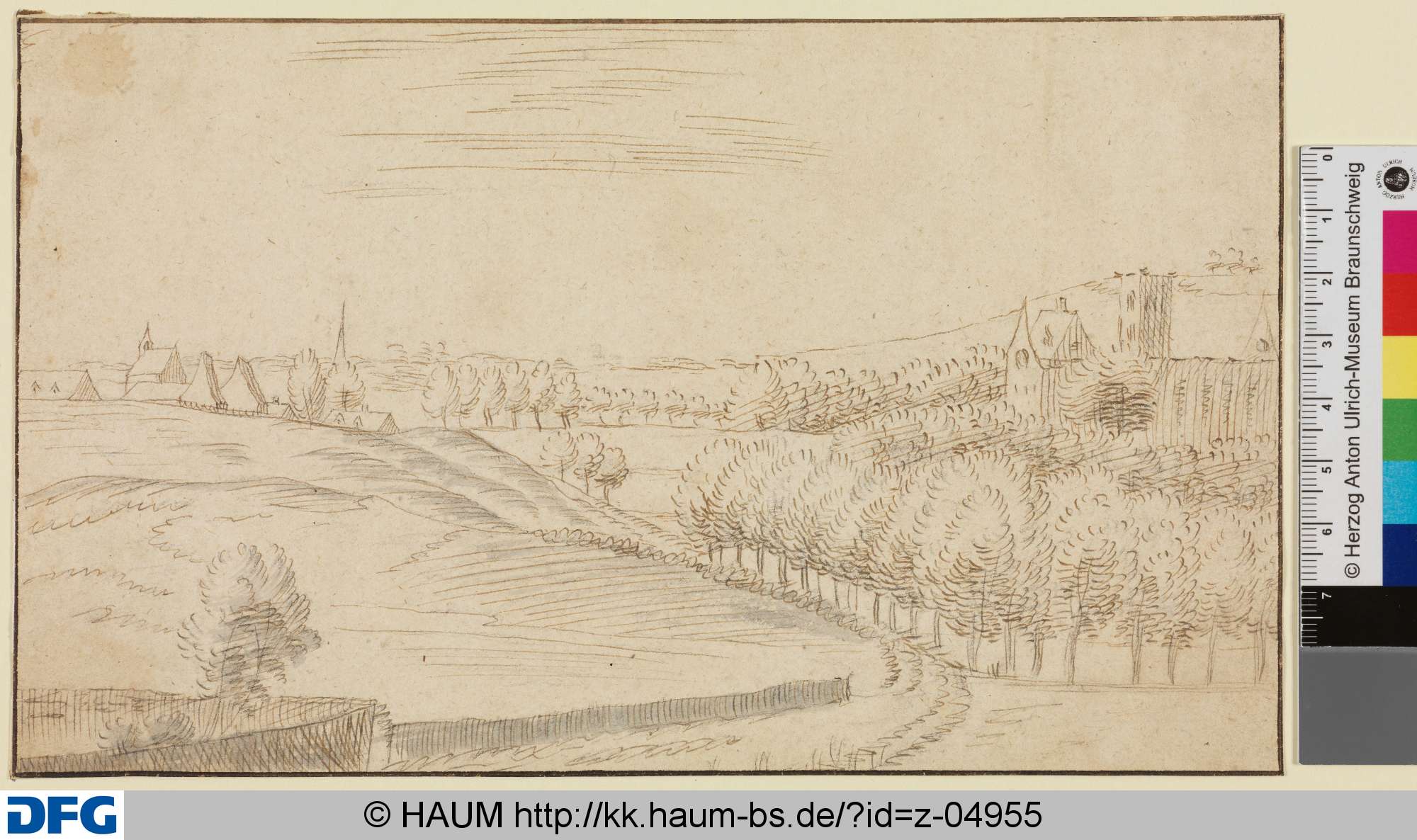 Hügellandschaft mit Bäumen und Kirche im Dorf
