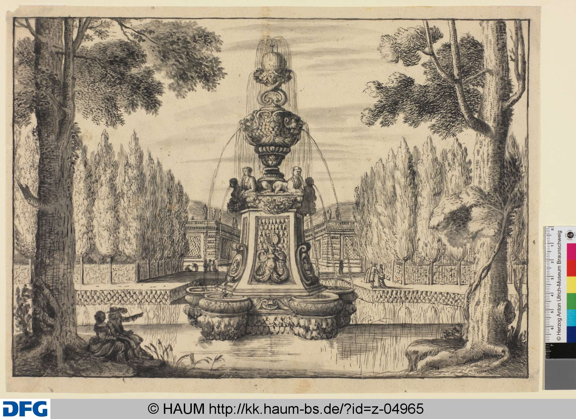 Gartenarchitektur mit Brunnen und Paar