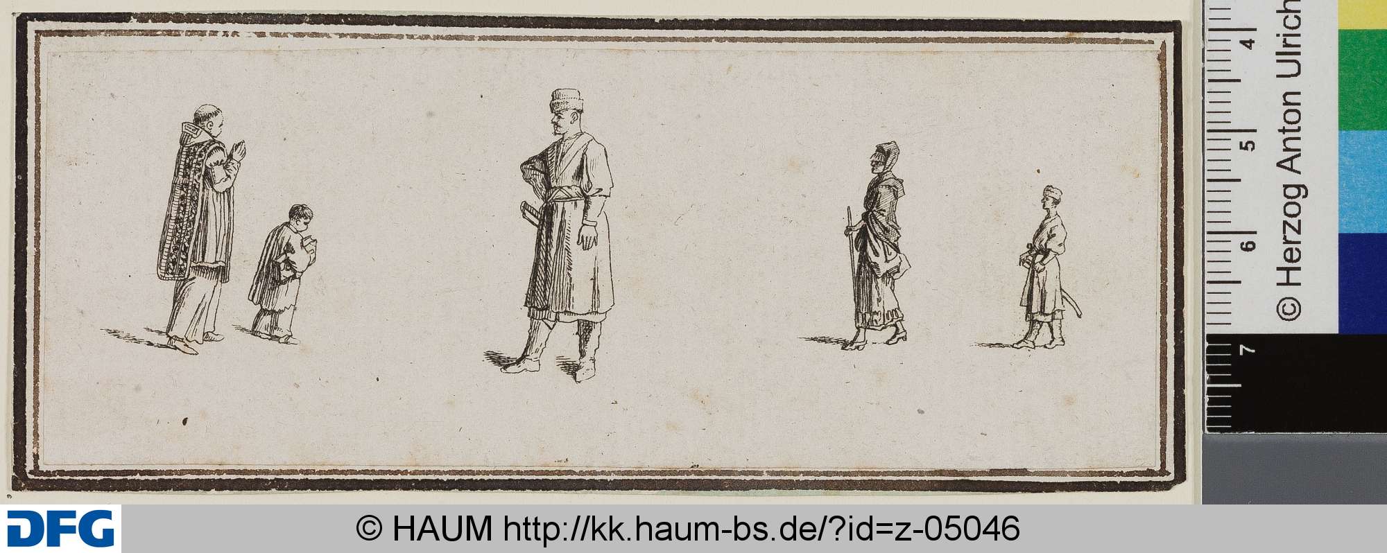 Fünf stehende oder schreitende Figuren im Profil