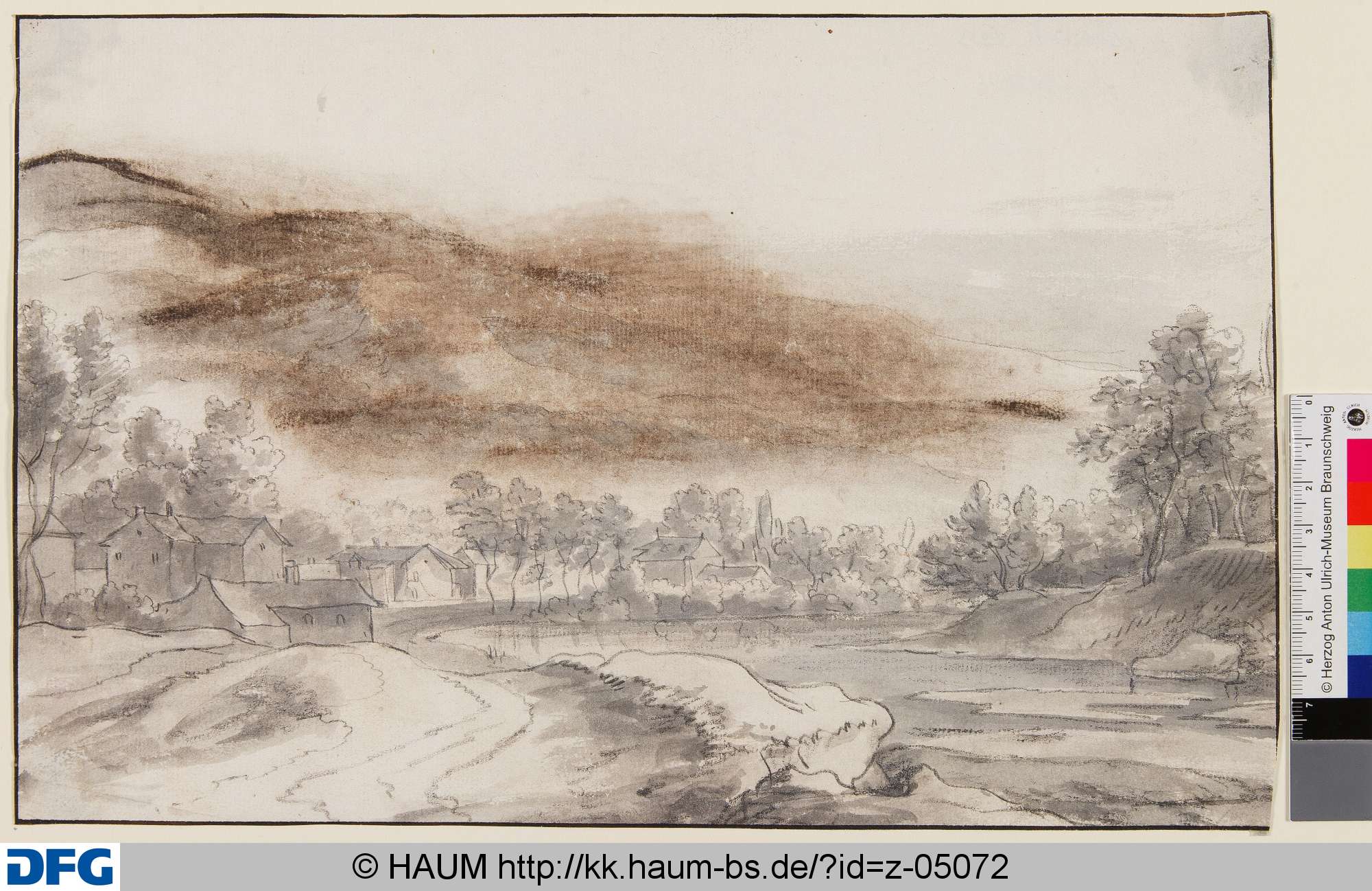 Landschaft mit Fluss und Siedlung