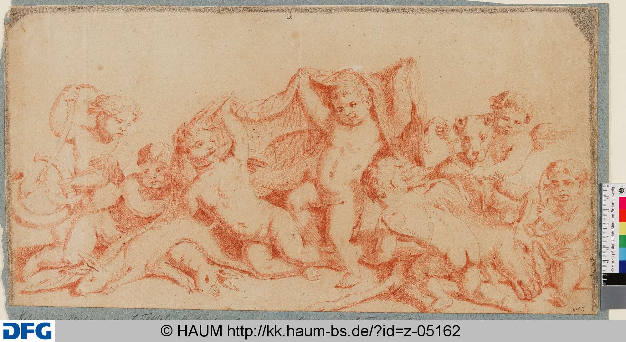 Putten mit erlegtem Wild (Hirsch und zwei Hasen), Louis Testelin