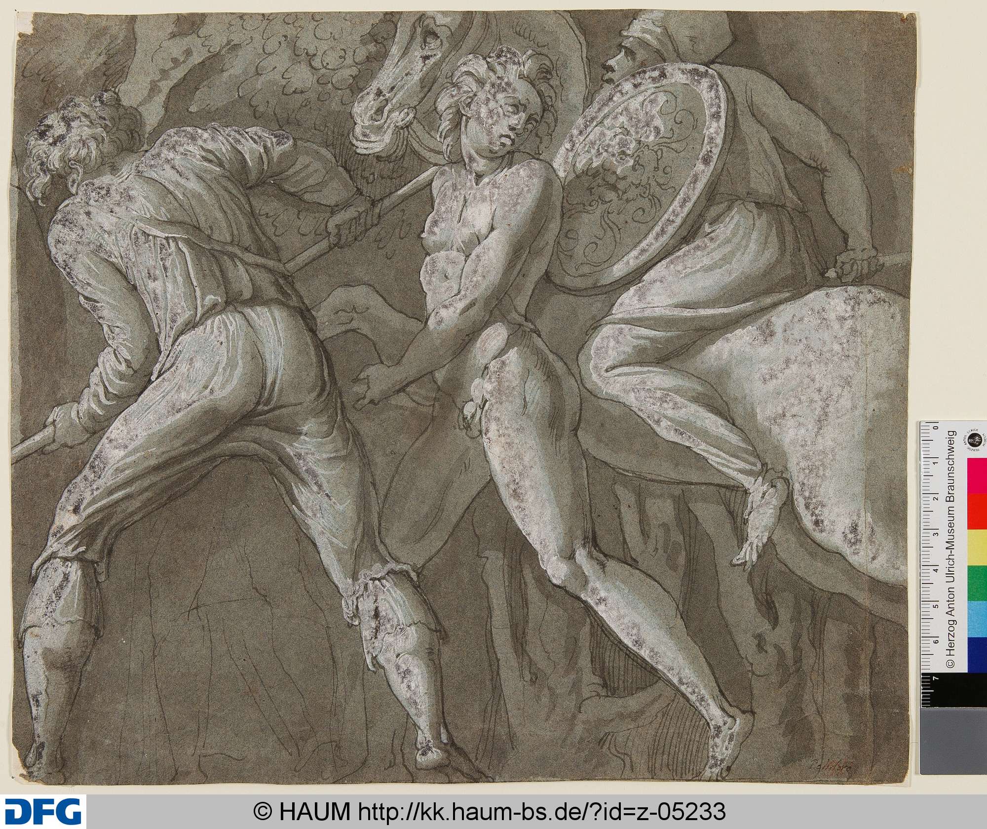 Drei Männer in einer kriegerischen Szene (Ausschnitt), Polidoro da Caravaggio