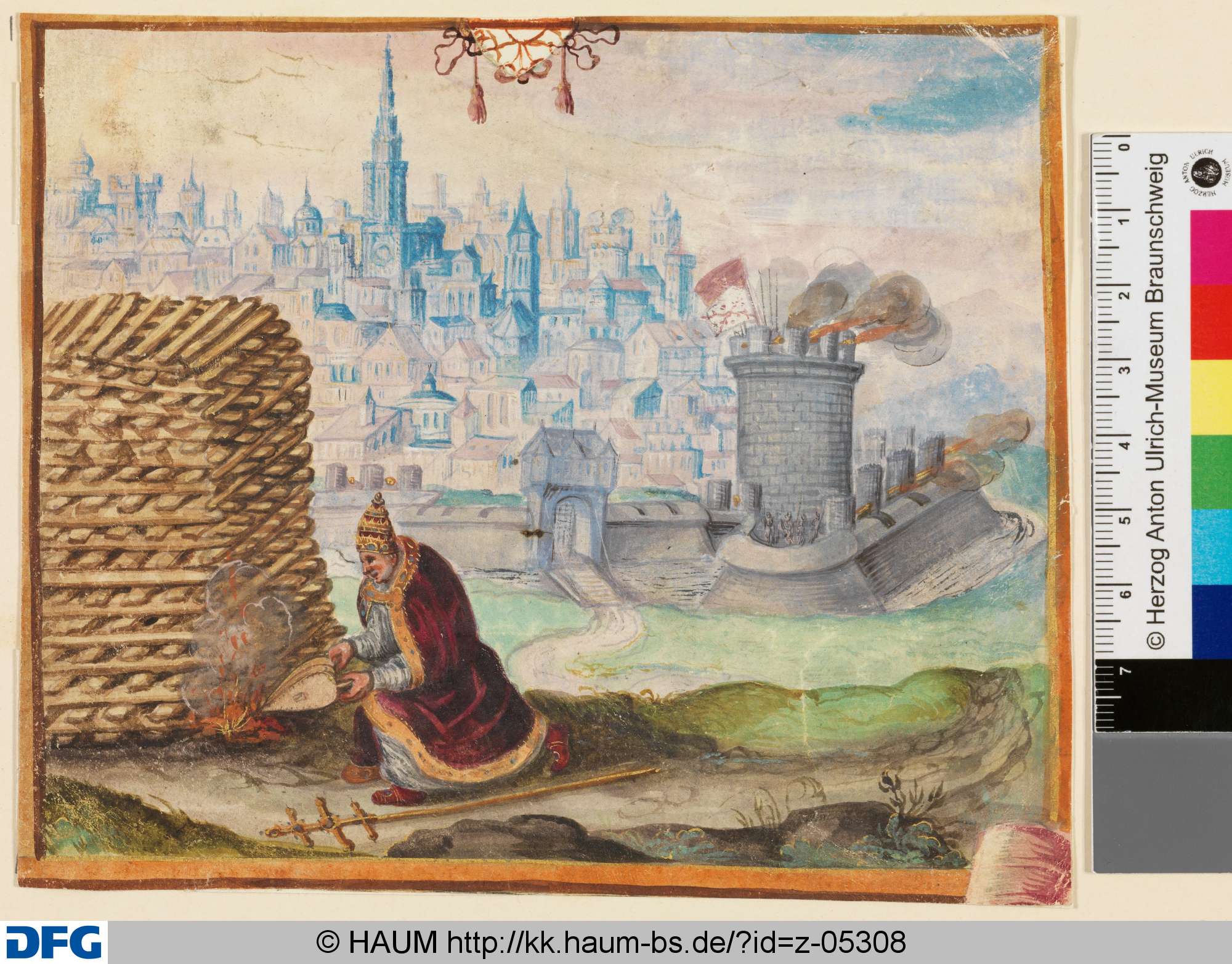 Ein Papst entzündet mit einem Blasebalg ein Feuer vor den Stadttoren