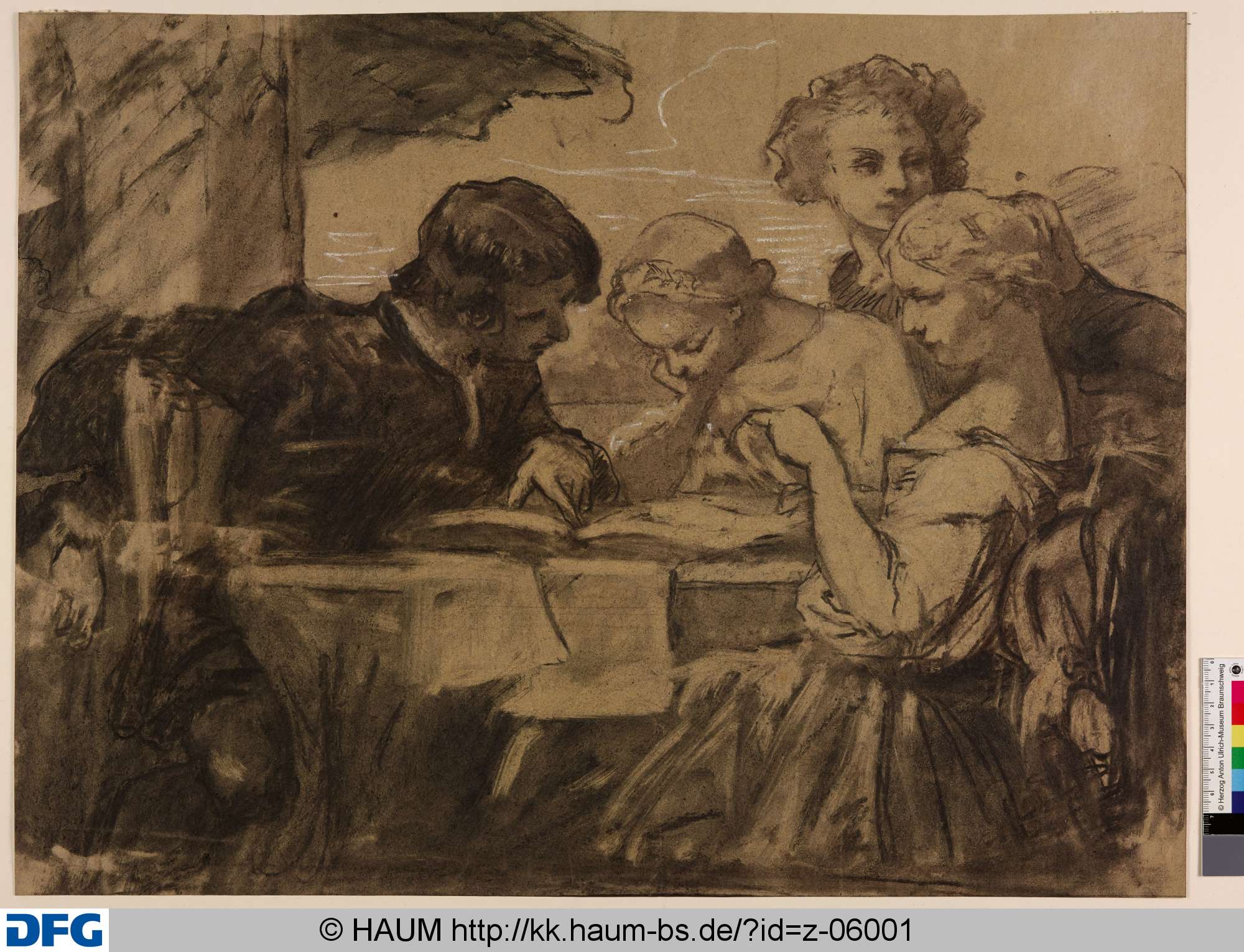 Studie einer Gesellschaft, ein Buch studierend, Rudolph Friedrich August Henneberg, 1850–1875