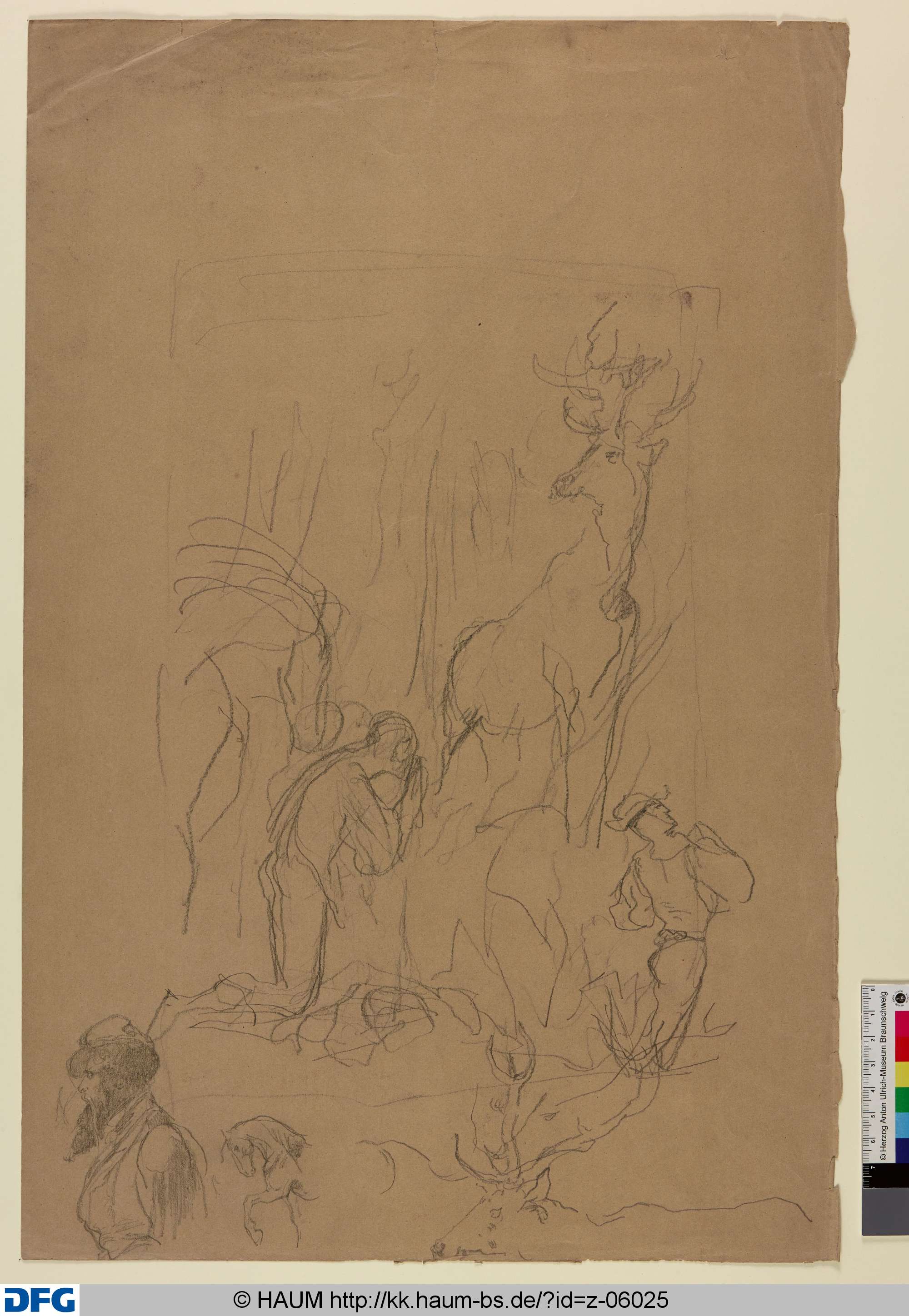 Jagdstudie und weitere Köpfe, Rudolph Friedrich August Henneberg, 1850–1875