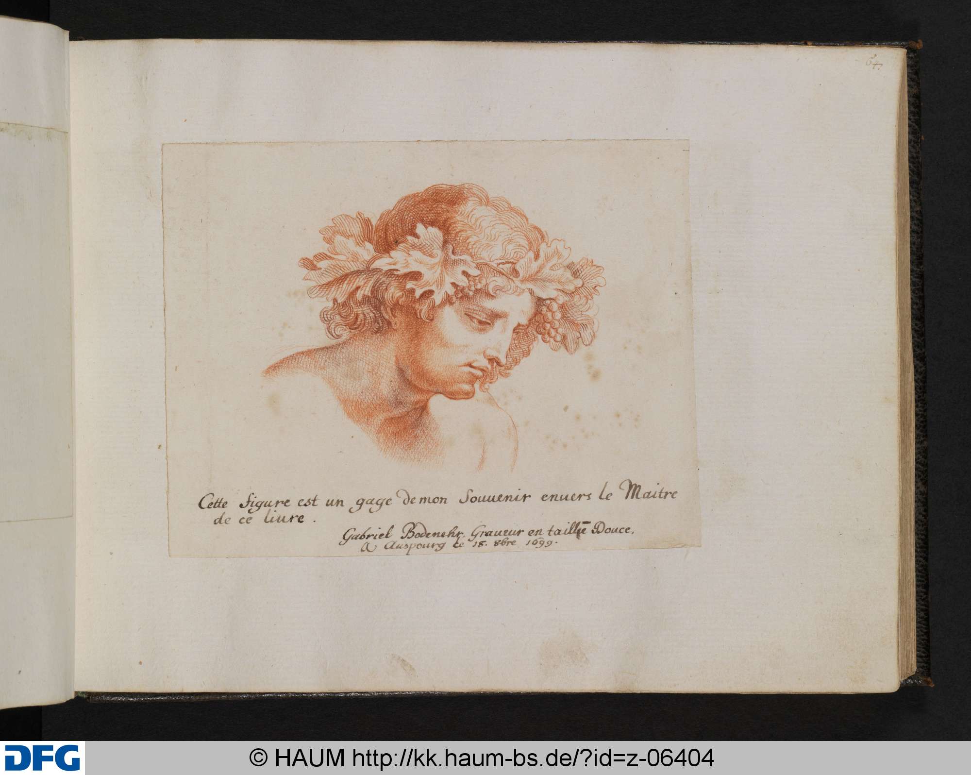 [Bildnis eines Mannes? mit gesenktem Kopf und einem Kranz aus Weinblätern?], Gabriel Bodenehr, 1699