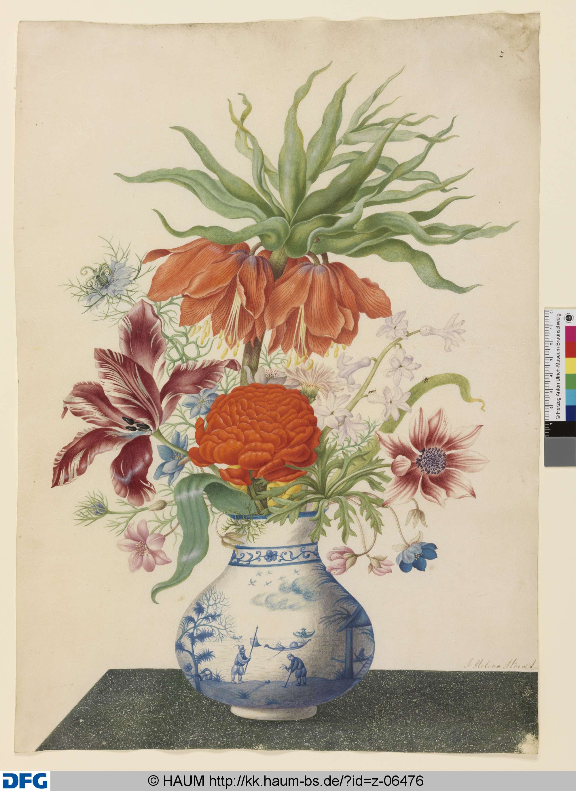 Chinesische blau-weiße Porzellanvase mit Kaiserkrone und anderen Blumen, Johanna Helena Herold, 1698