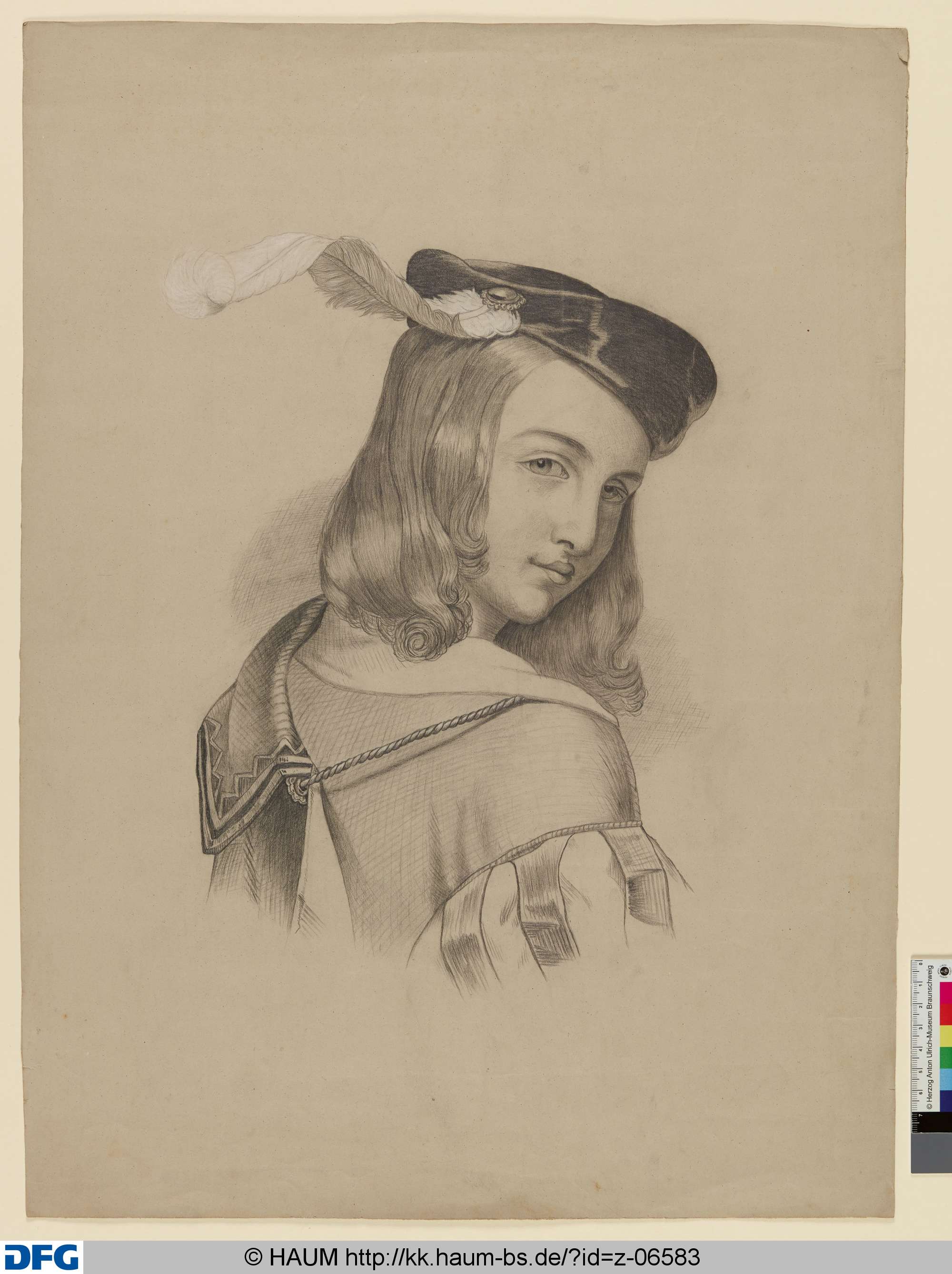 Männerkopf im Dreiviertelprofil mit Federhut und Rückenansicht, August Vasel, 1858–1863