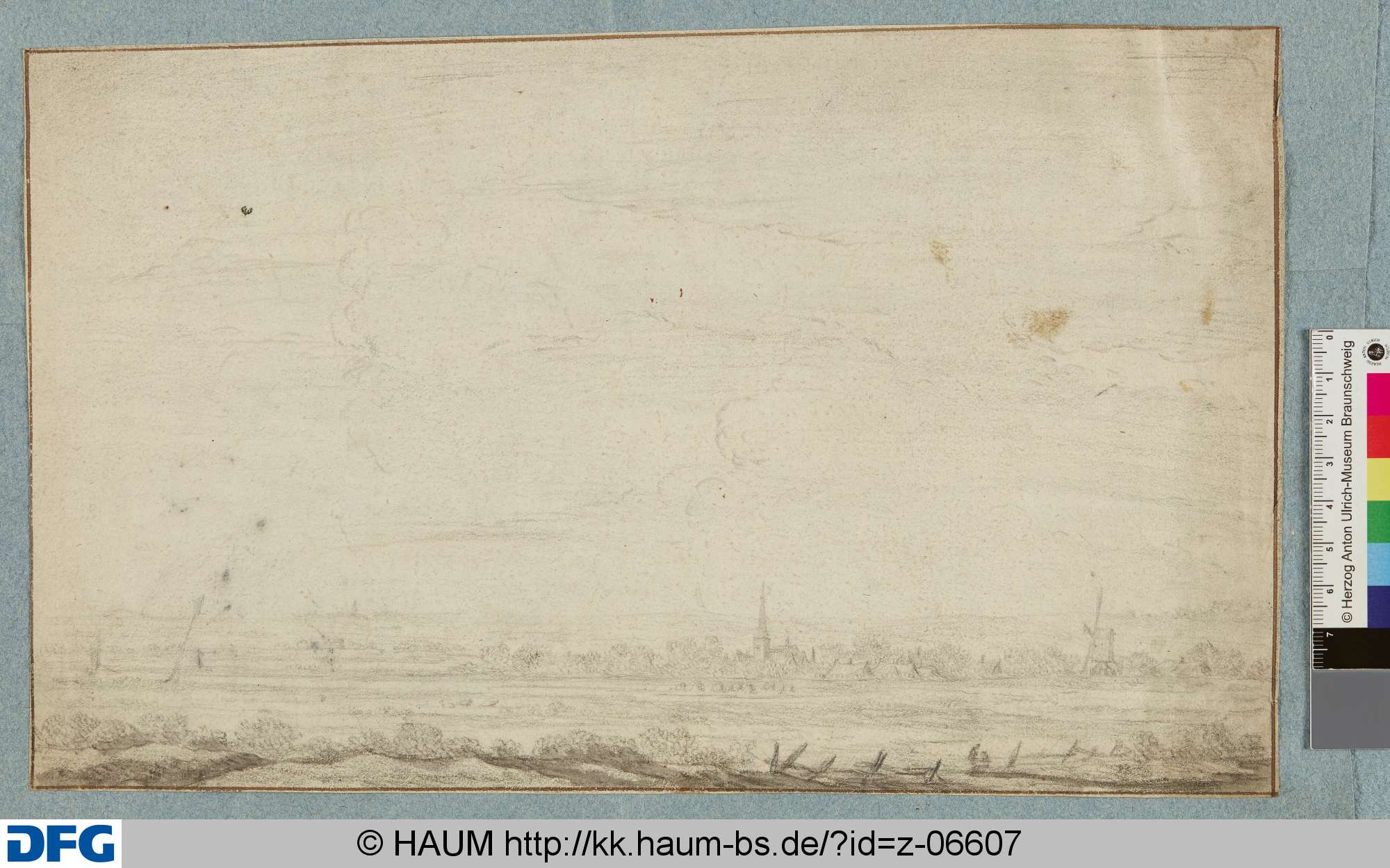 Landschaft mit Dorf, Windmühle und Wolken