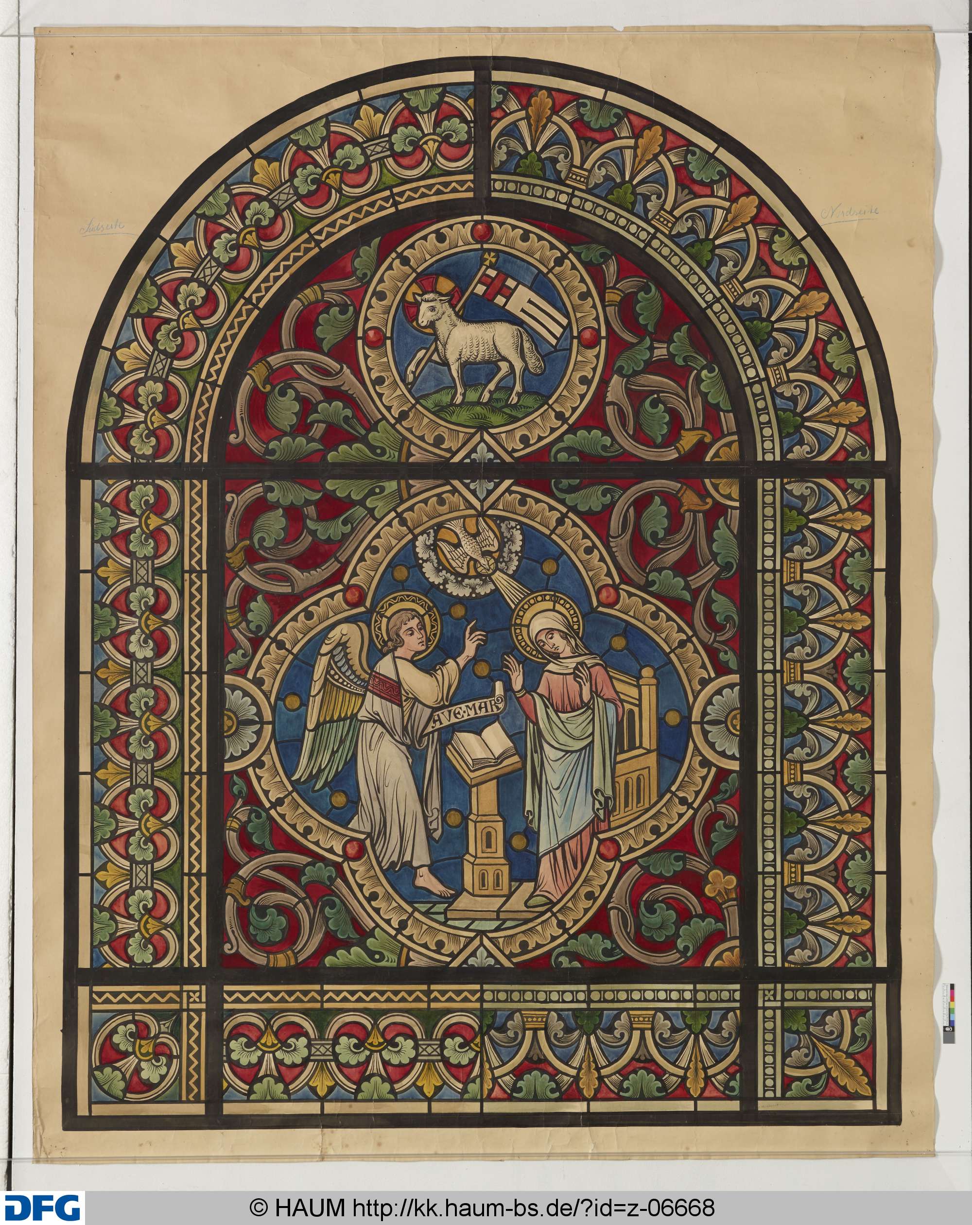 Scheibenriss für eine Chorapsis "Agnus Dei" und "Die Verkündigung", Heinrich Brandes, 1822–1868