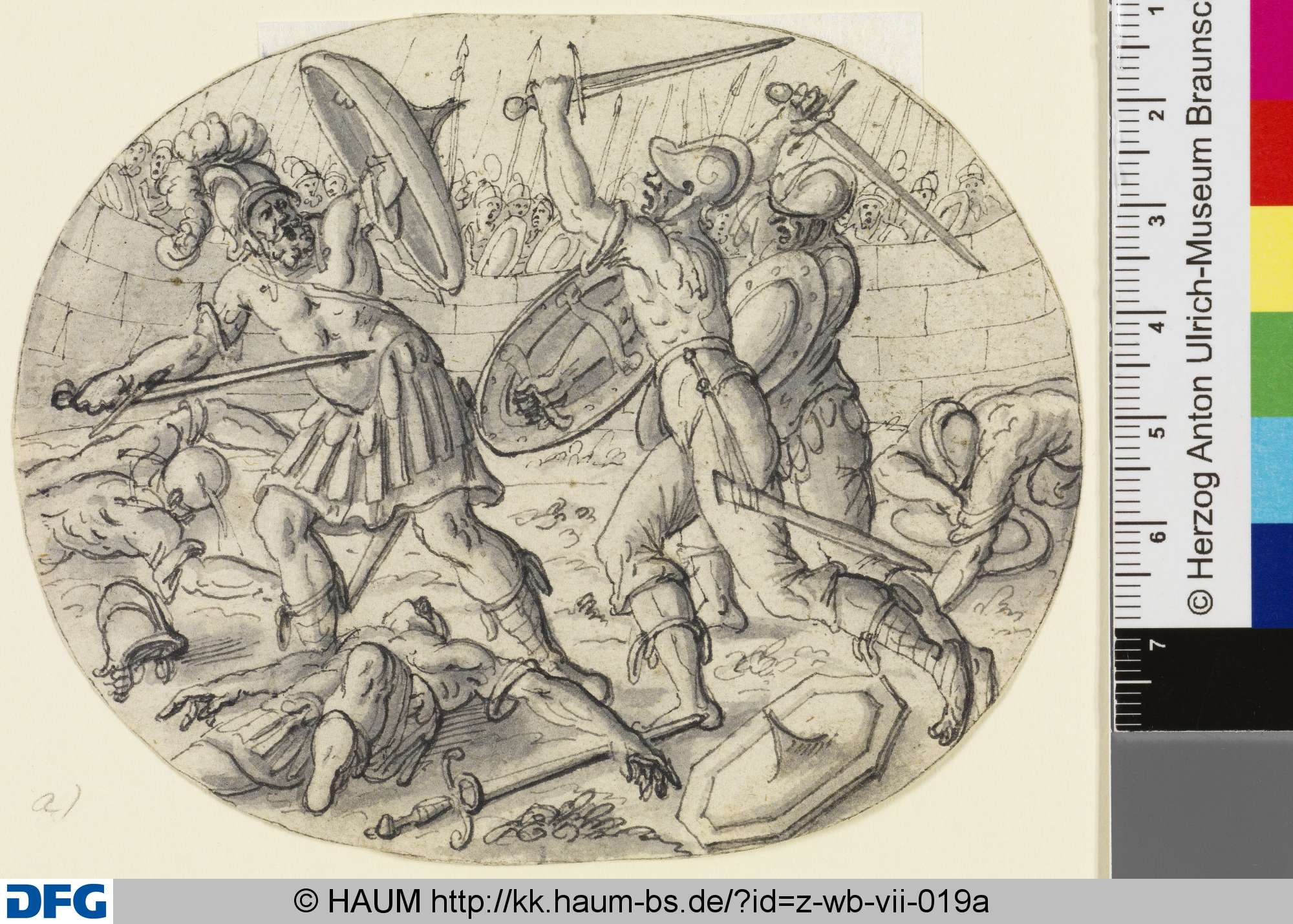 Sechs Zeichnungen zur römischen Geschichte: a) Kampf der Horatier gegen die Curiatier; b) Marcus Curtius; c) Horatius Cocles; d) Marcus Valerius; e) Mucius Scaevola; f) Titus Manlius, Christoph Jamnitzer, 1583–1618