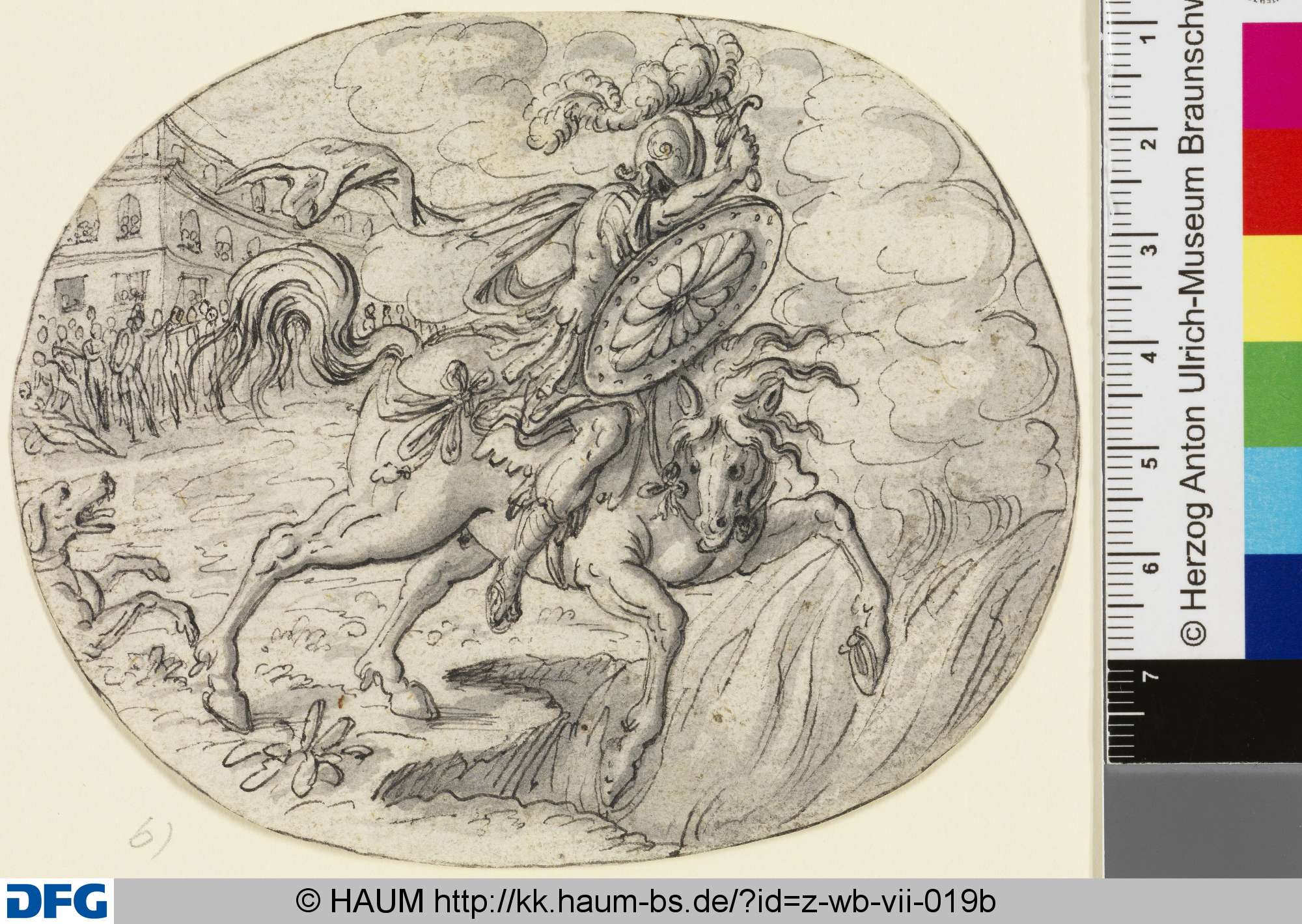 Sechs Zeichnungen zur römischen Geschichte: a) Kampf der Horatier gegen die Curiatier; b) Marcus Curtius; c) Horatius Cocles; d) Marcus Valerius; e) Mucius Scaevola; f) Titus Manlius, Christoph Jamnitzer, 1583–1618