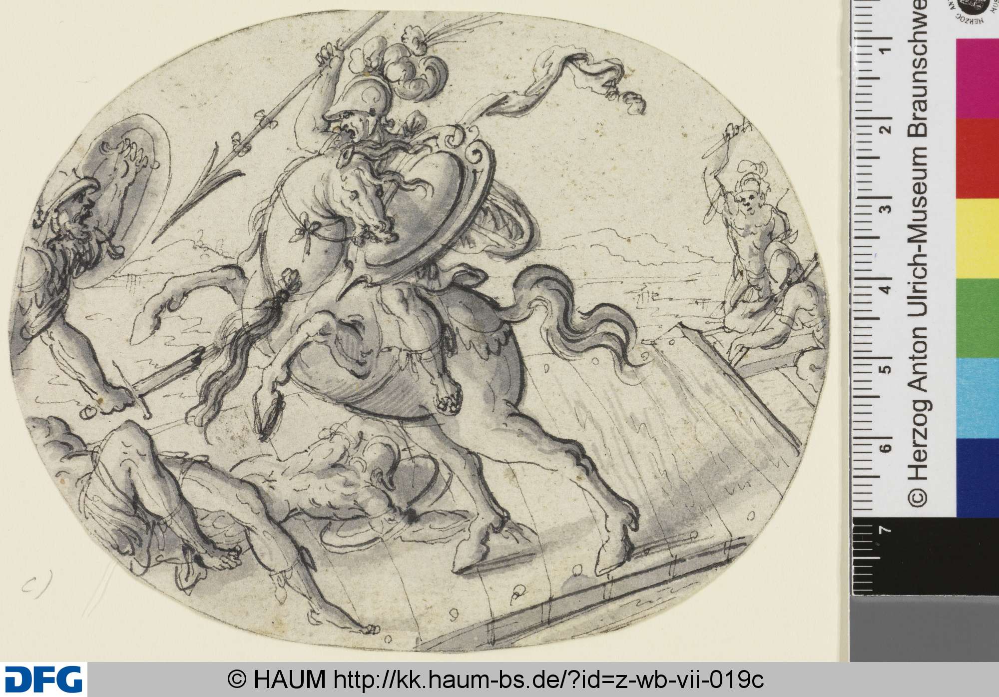 Sechs Zeichnungen zur römischen Geschichte: a) Kampf der Horatier gegen die Curiatier; b) Marcus Curtius; c) Horatius Cocles; d) Marcus Valerius; e) Mucius Scaevola; f) Titus Manlius, Christoph Jamnitzer, 1583–1618