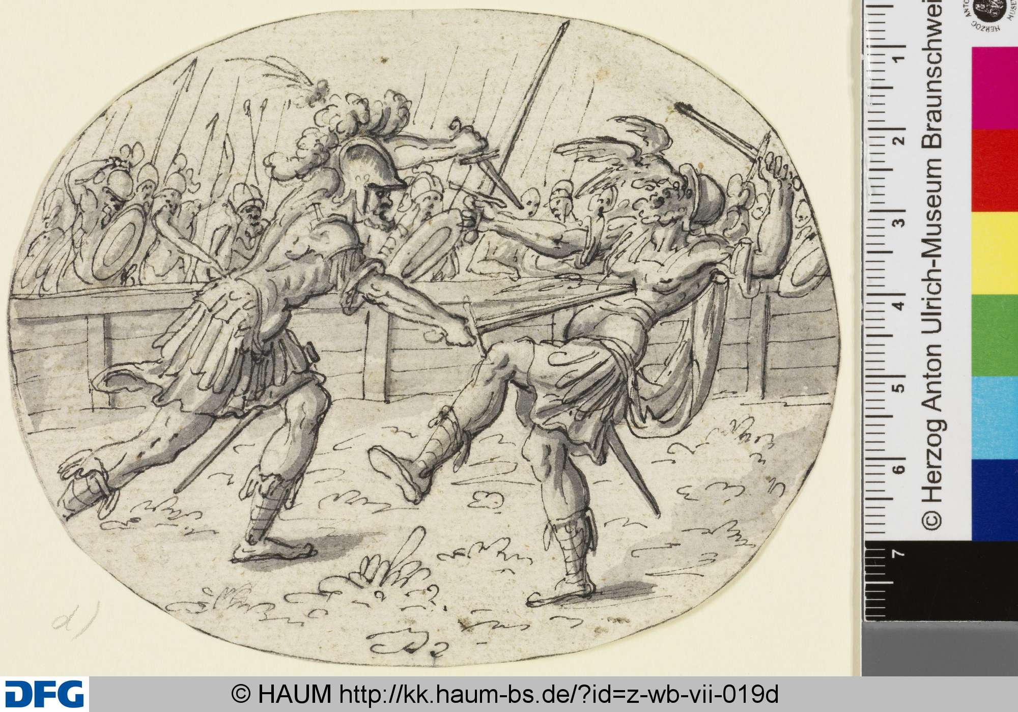 Sechs Zeichnungen zur römischen Geschichte: a) Kampf der Horatier gegen die Curiatier; b) Marcus Curtius; c) Horatius Cocles; d) Marcus Valerius; e) Mucius Scaevola; f) Titus Manlius, Christoph Jamnitzer, 1583–1618