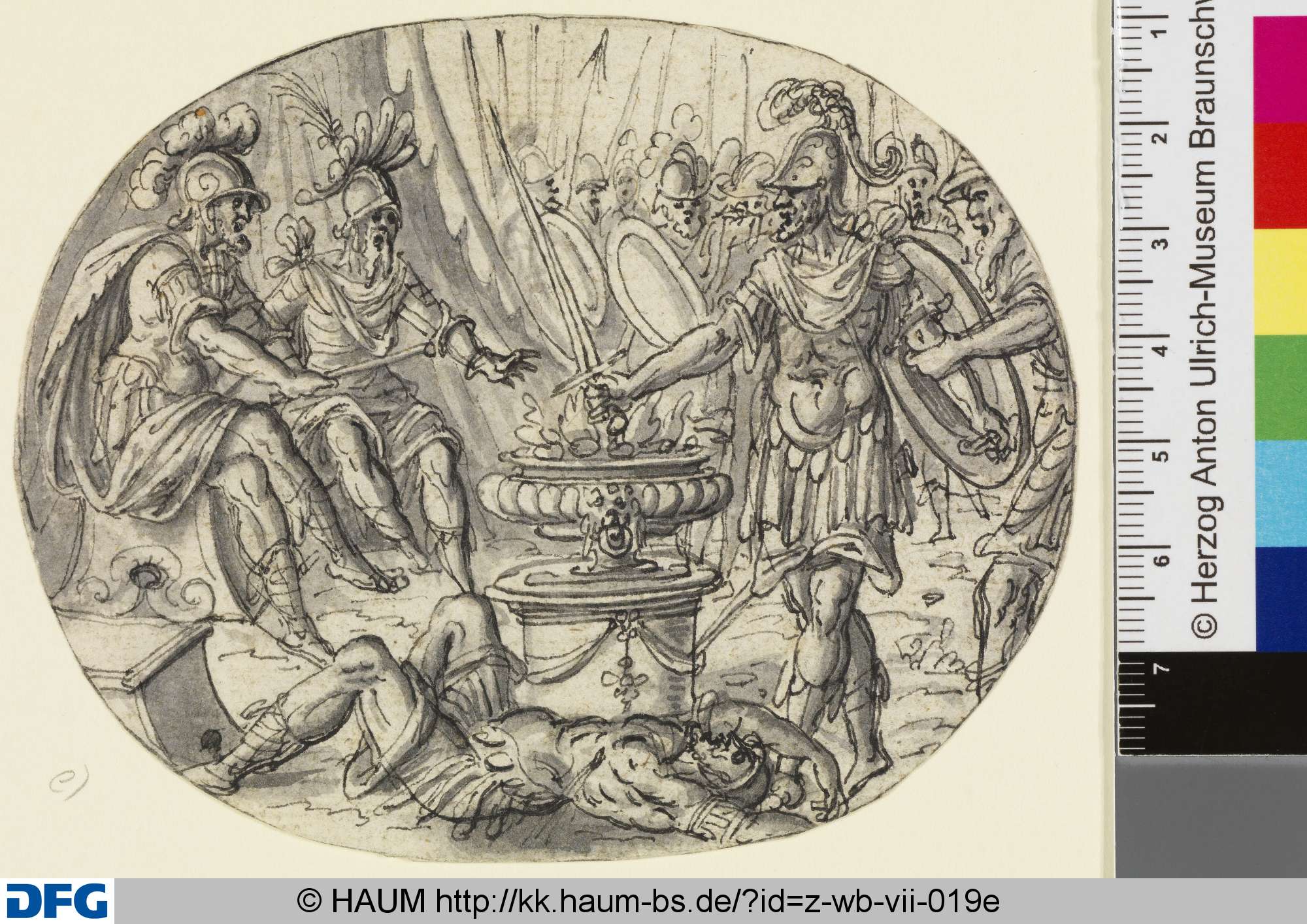 Sechs Zeichnungen zur römischen Geschichte: a) Kampf der Horatier gegen die Curiatier; b) Marcus Curtius; c) Horatius Cocles; d) Marcus Valerius; e) Mucius Scaevola; f) Titus Manlius, Christoph Jamnitzer, 1583–1618