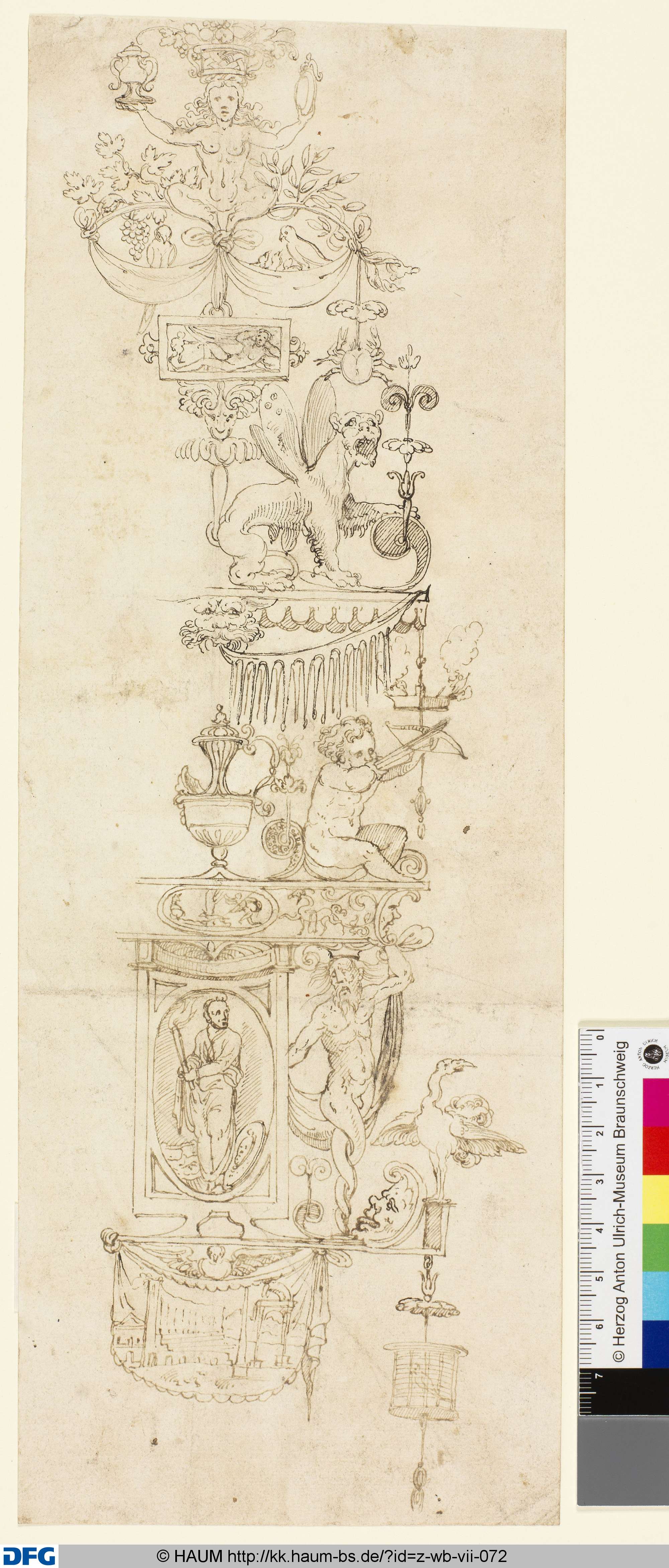 Entwurf für eine Grotesken-Dekoration miz antiken Ruinen auf Vorhang, sitzend schießendem Amor, geflügeltem Panther etc., 16th century