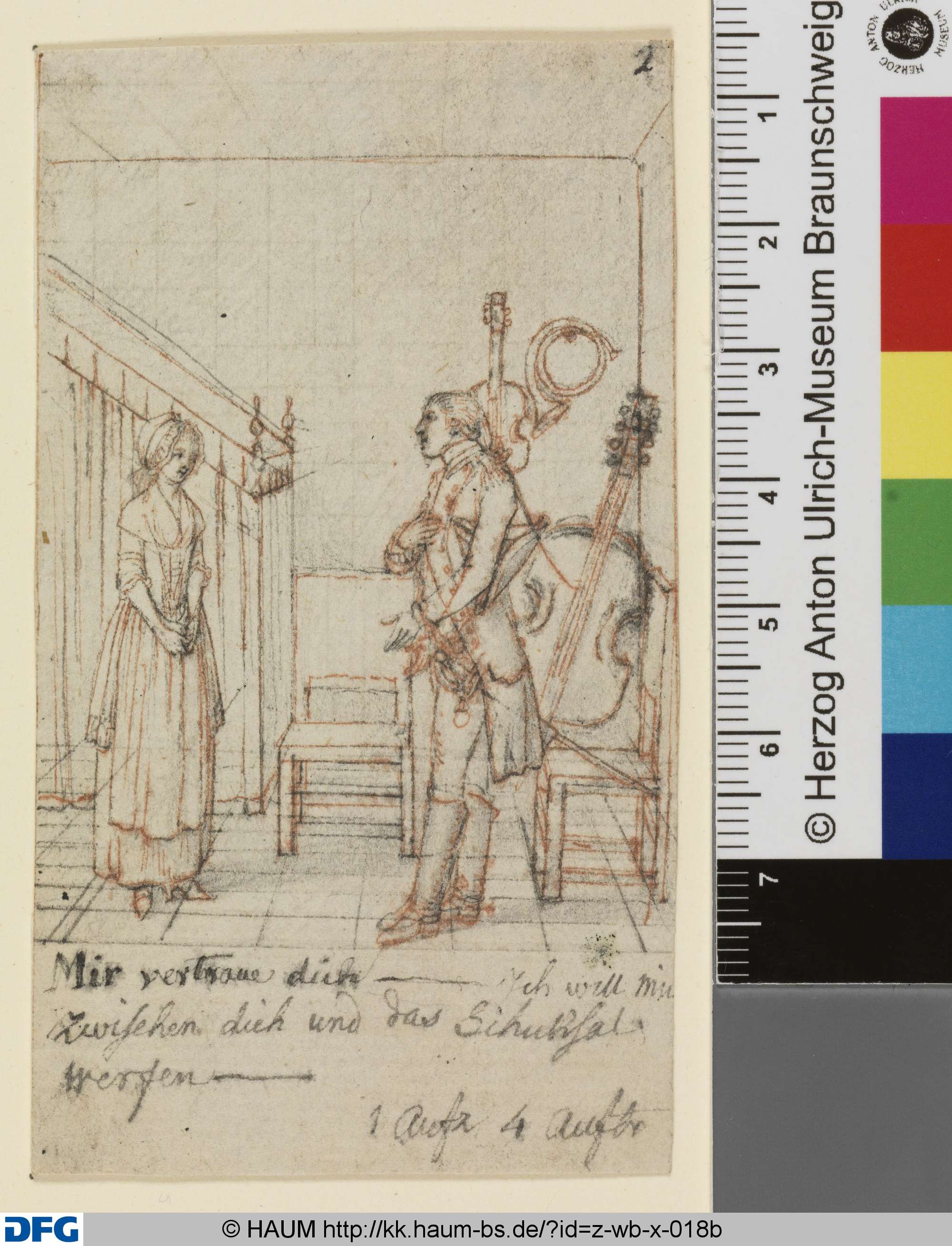 Zimmer beim Musikus: I. Aufzug, 4. Auftritt. Ferdinand zu Luise: - Mir vertraue Dich (! Du brauchst keinen Engel mehr) - Ich will mich zwischen dich und das Schicksal werfen -, Daniel Chodowiecki, 1785