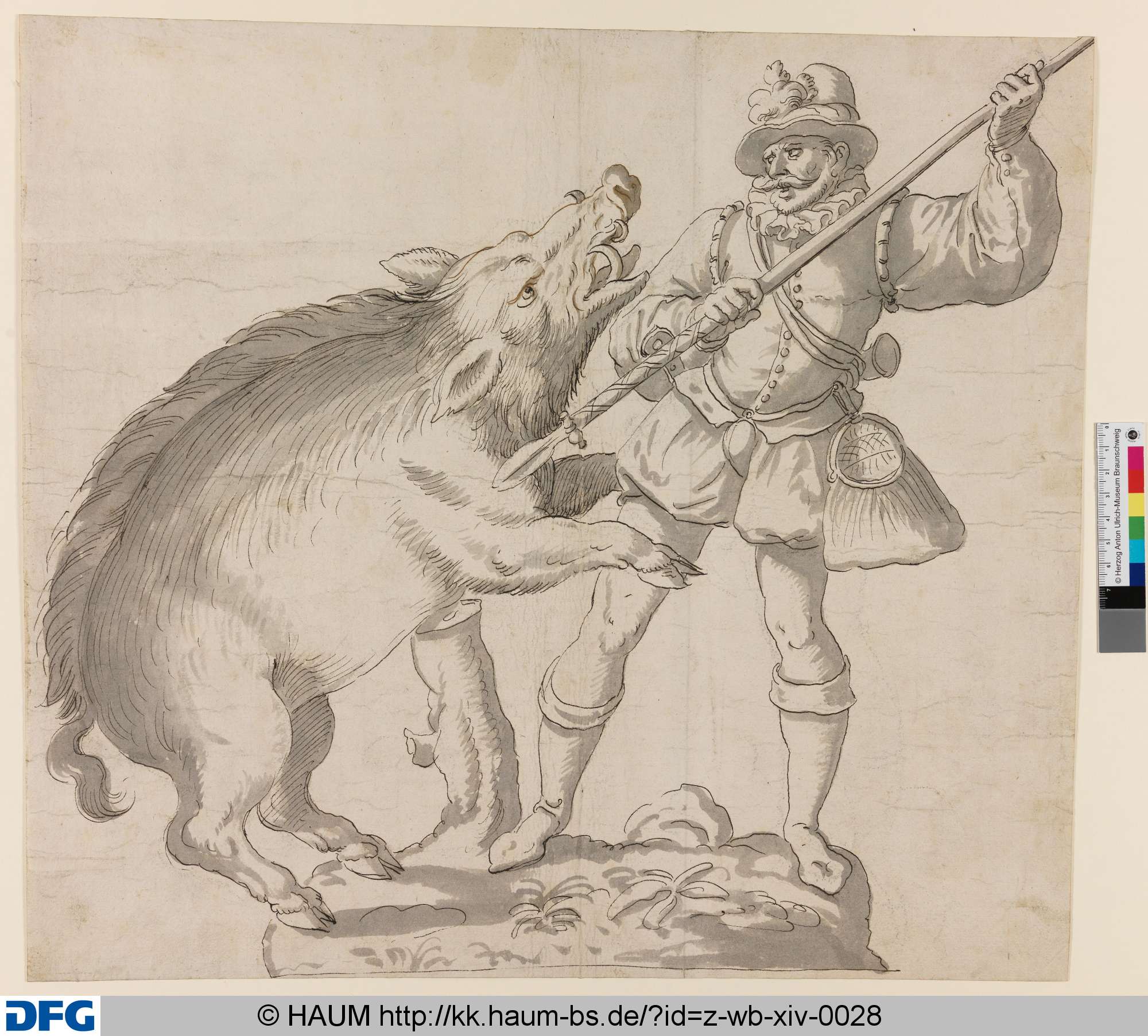 Eberjagd, ein Jäger beim Erstechen einer Sau, Hans Friedrich Schrorer, 1609–1646
