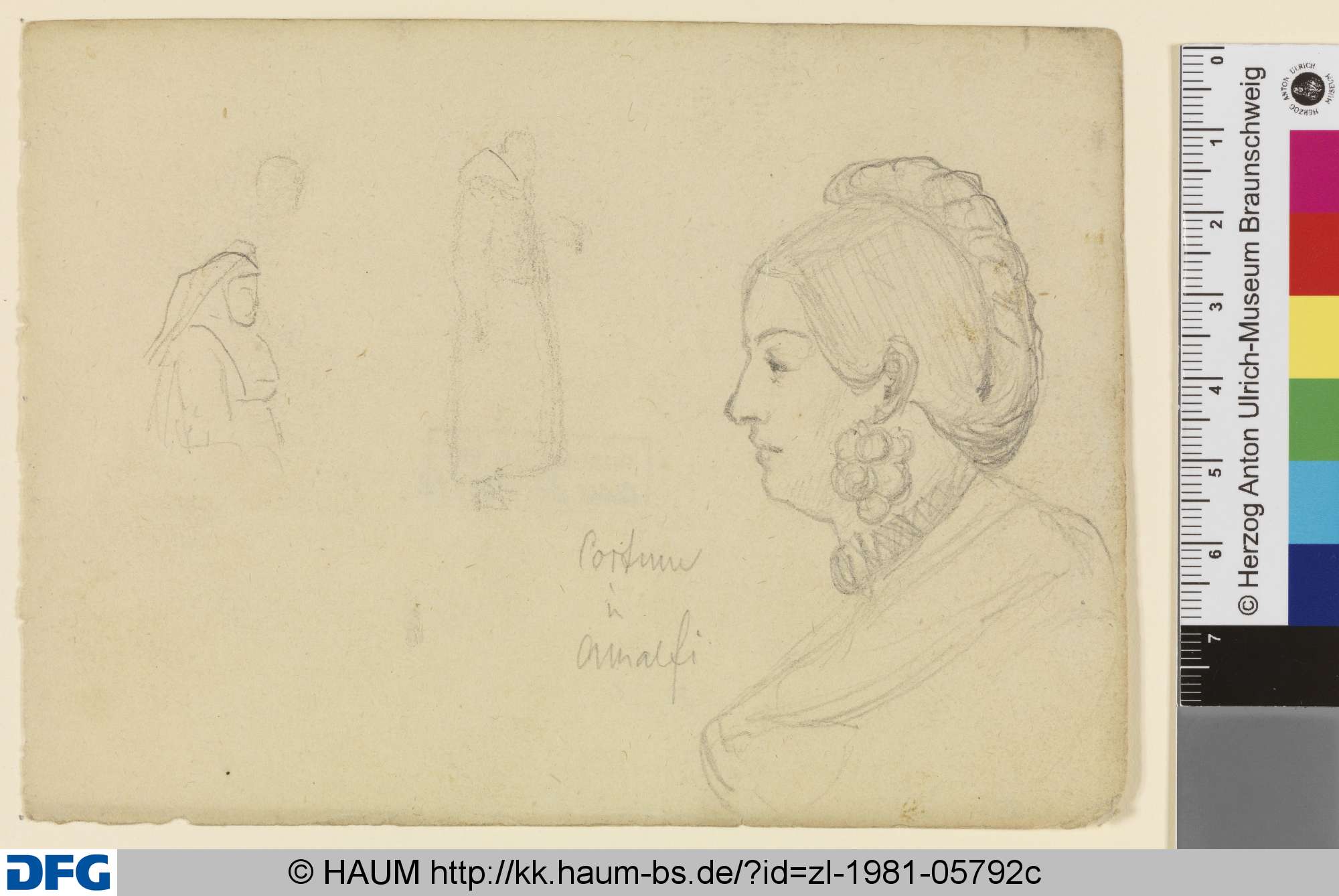Profilbildnis einer Frau nach links; Skizze eines Mönches; Büste einer Frau mit Kopftuch, Carl Blechen, 1829