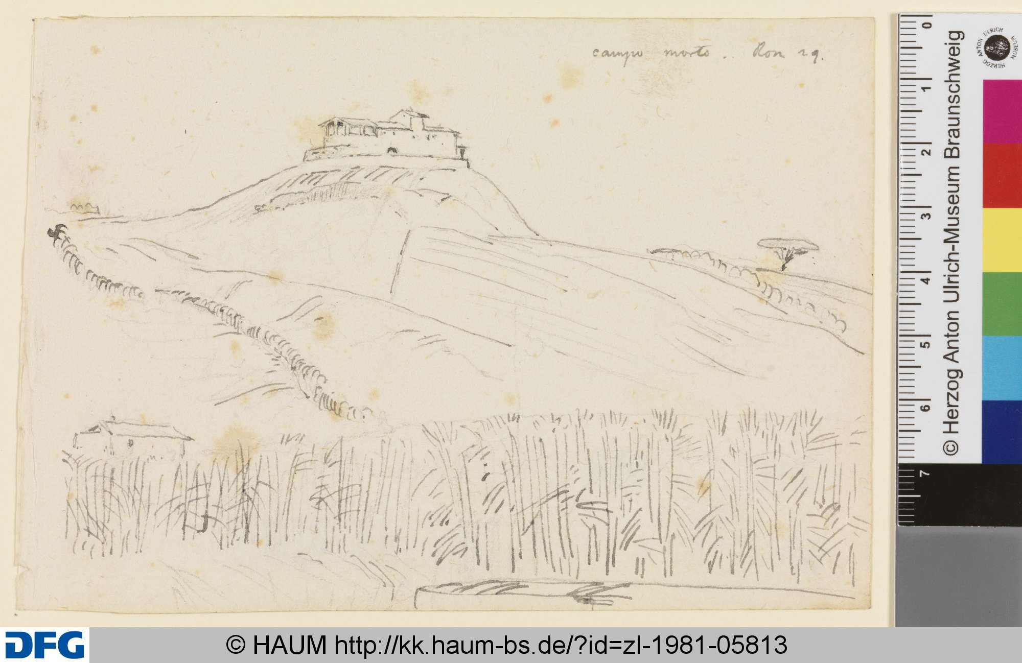 Gebäude auf einem vereinzelten Hügel, Carl Blechen, 1829