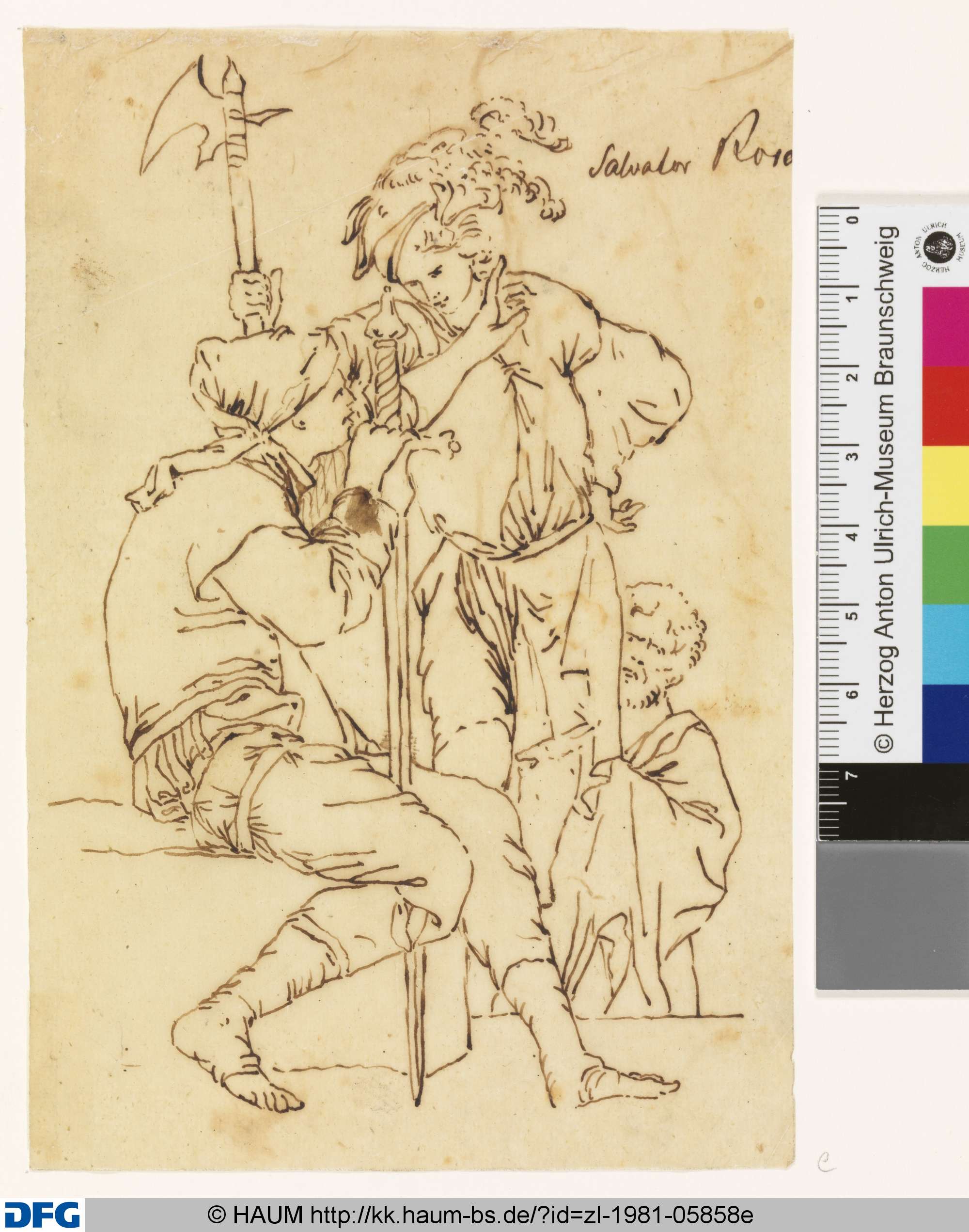 Zwei phantastische Krieger, hinten rechts ein dritter Mann, Carl Blechen, 1818–1840