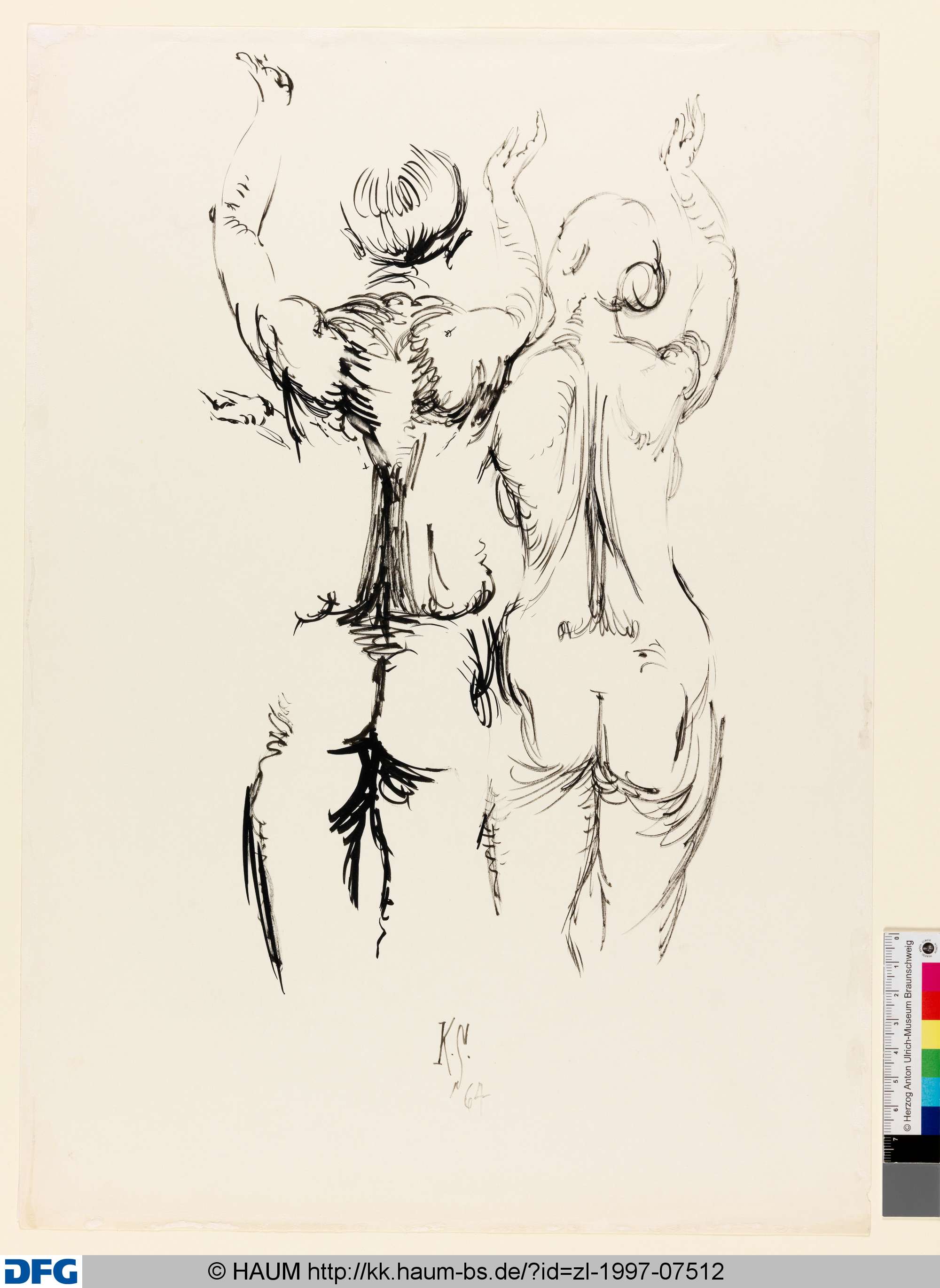 Nacktes Paar mit erhobenen Händen in Rückenansicht, Paul Egon Schiffers, 1964