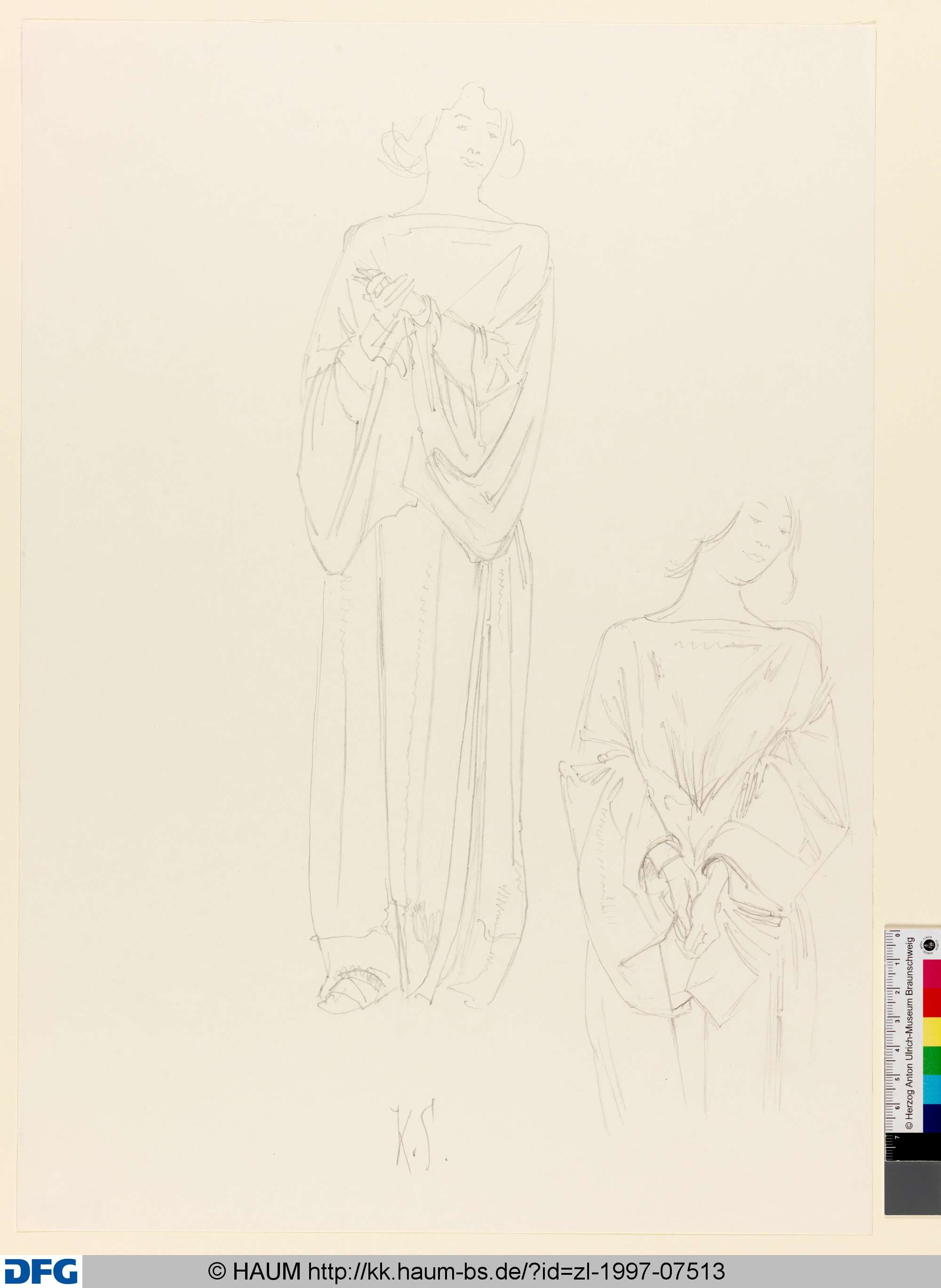 Zwei Skizzen einer Frau mit zusammengelegten (gefesselten?) Händen, Paul Egon Schiffers, 1923–1987