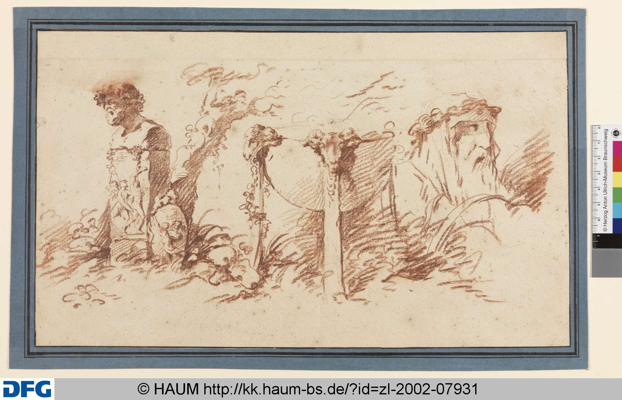 Capriccio mit einer Herme, einem Dreifuß und Kopf eines Flussgottes, Hubert Robert, 1750–1770