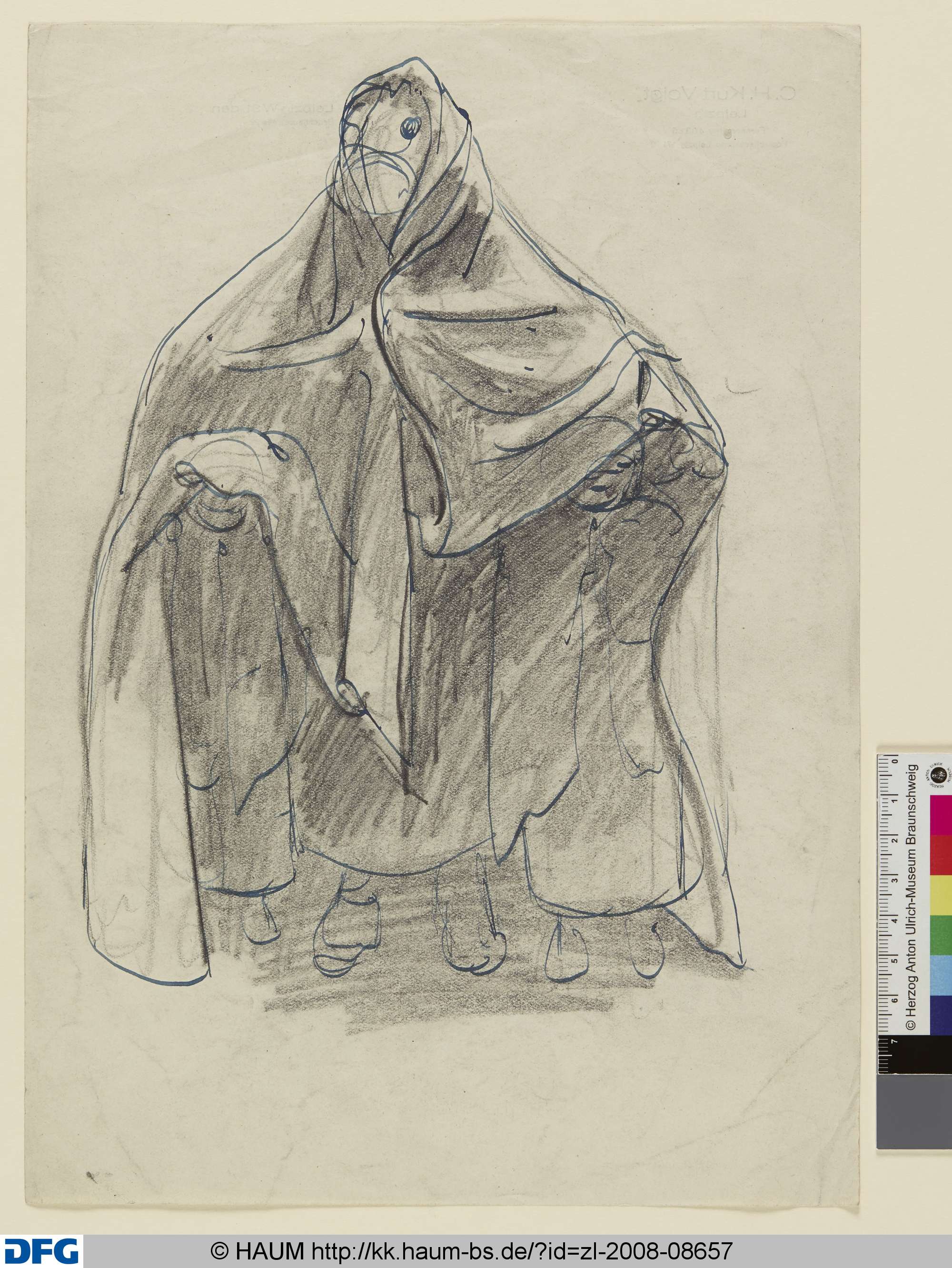 Frau mit Gasmaske im Umhand, von vorne, Elisabeth Voigt, 1913–1977